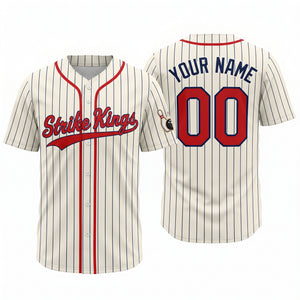 Strike Kings cream pinstripe button-front bowling baseball jersey, front and back with custom name and number