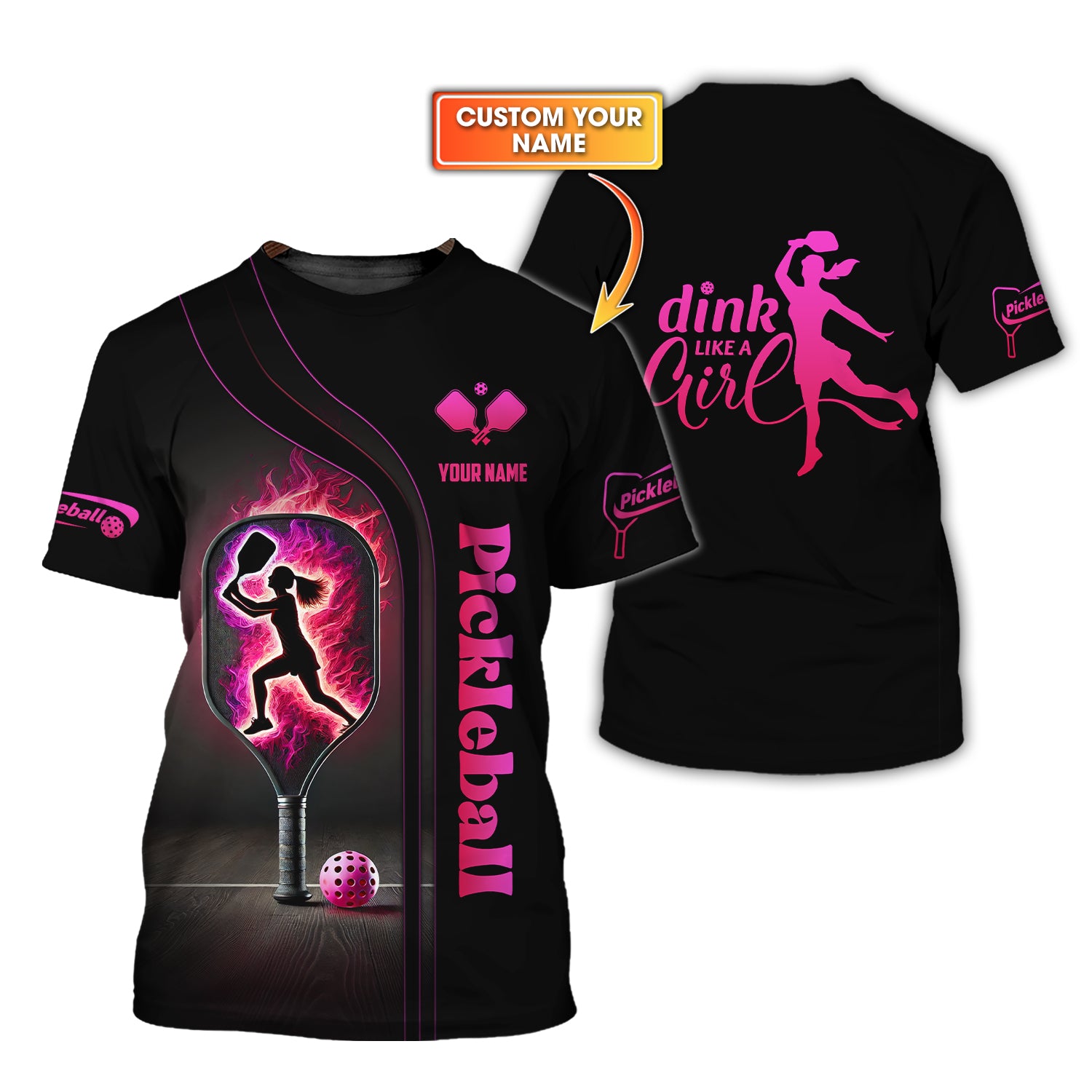 Custom Women's Pickleball Shirt – Dink Like a Girl Design with Fiery Paddle – Personalized Athletic Apparel for Pickleball Lovers