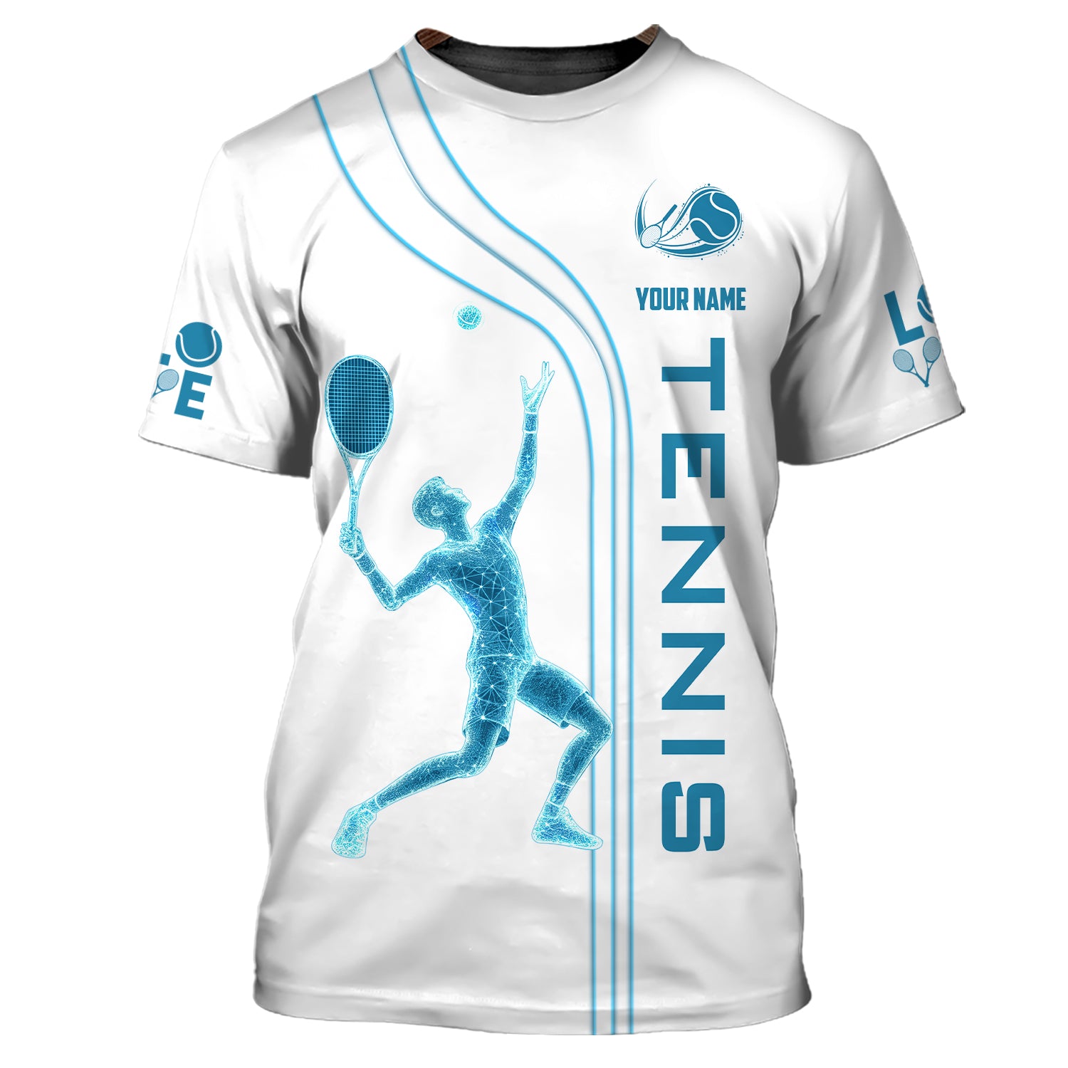 Custom White & Blue Tennis Shirt – Futuristic Hologram Player Design – Personalized Athletic Tee for Tennis Lovers