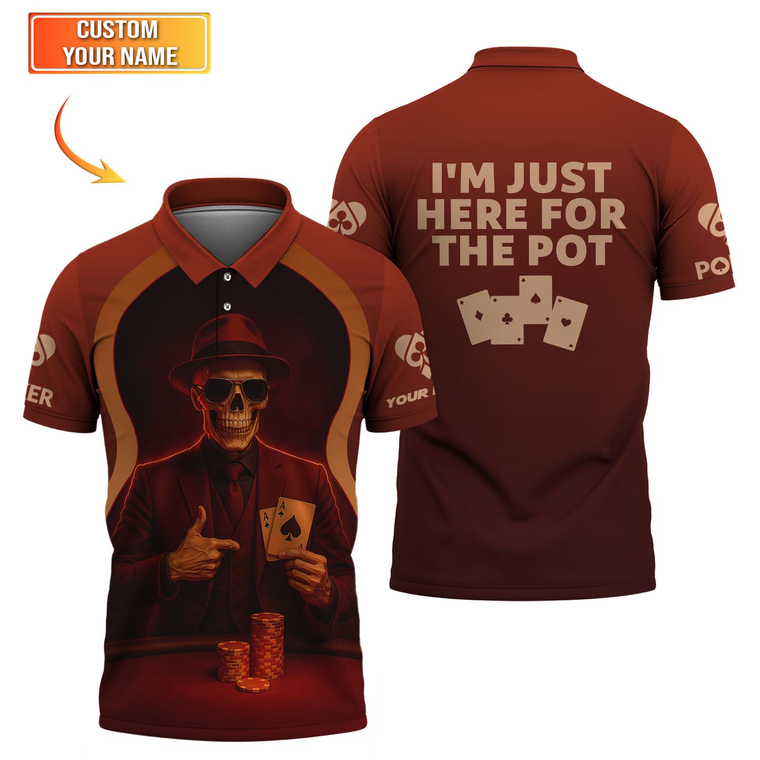 Custom Name Funny Poker Shirts, Skeleton Card Player Polos, Poker Shirt For Men's