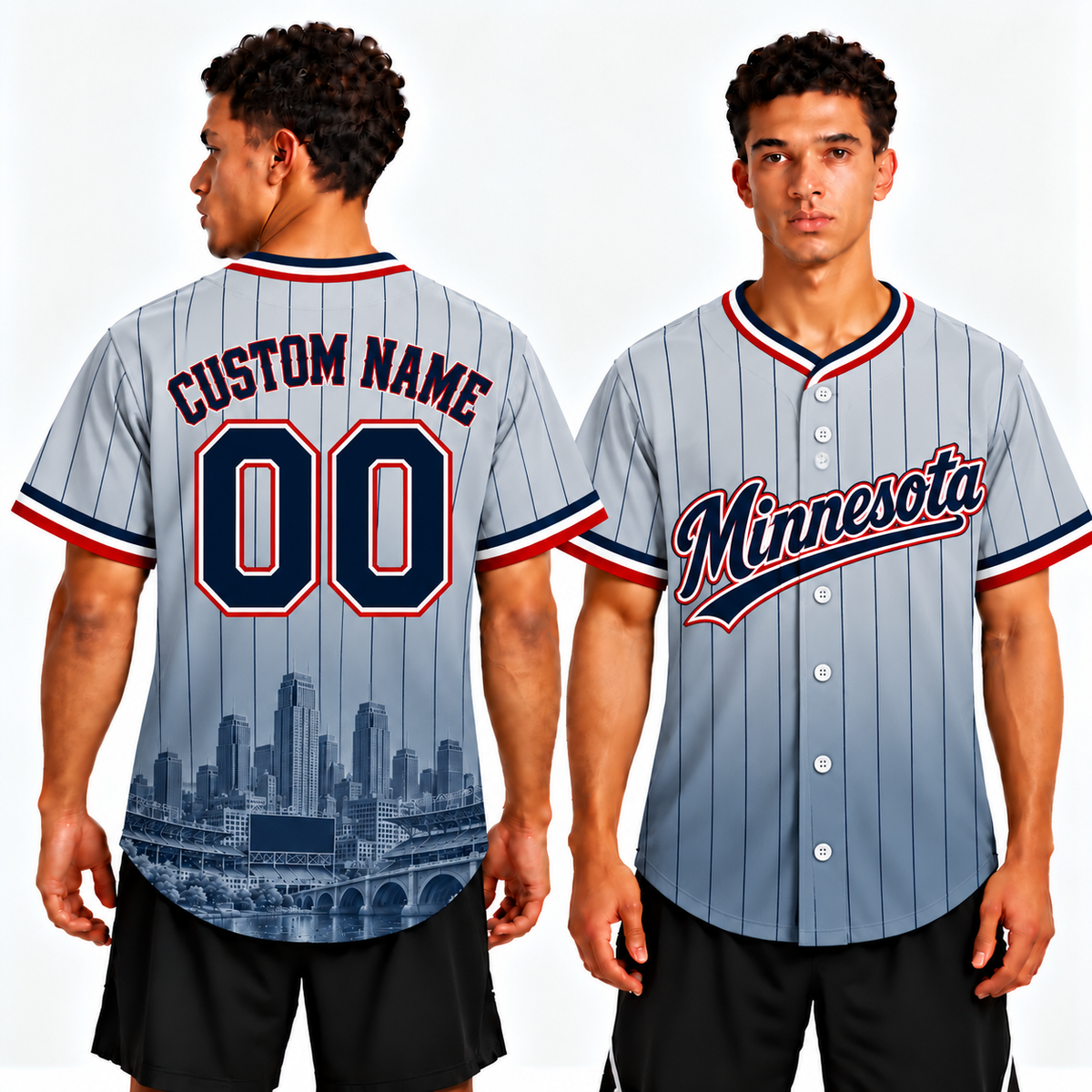 Custom Minnesota Skyline Pinstripe Ombre Baseball Jersey