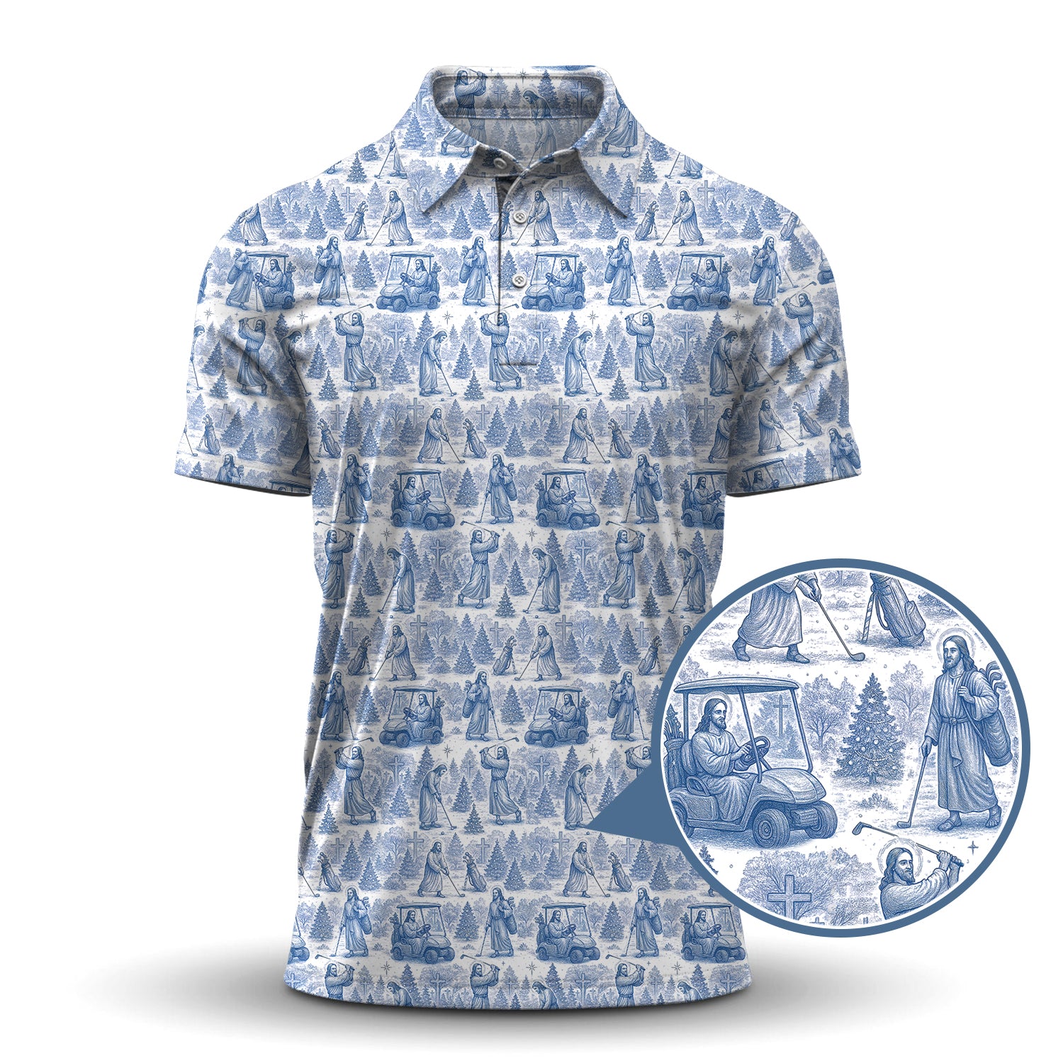 Christmas Golf Shirt, Pattern Golf Shirt For Men, Toile De Jouy Shirt, Jesus Golf Shirt For Golfer
