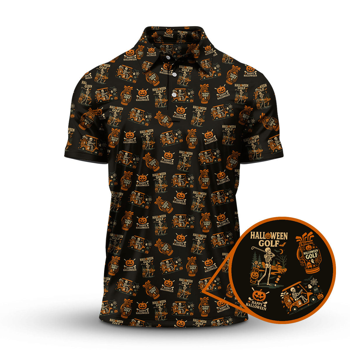 Skeleton Pattern Golf Shirts, Funny Golf Polos For Men, Halloween Golf Shirt For Golfers