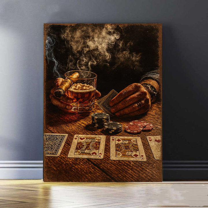 Whiskey And Cigar Poker Poster, Vintage Poker Canvas Wall Art With Cards And Chips For Game Room Decor