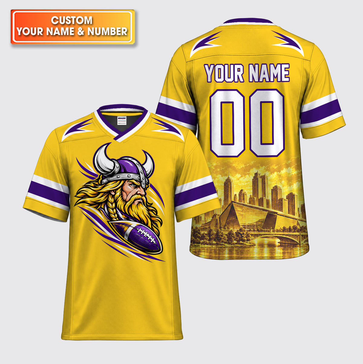 Viking Warrior Mascot Custom American Football Jersey in Gold