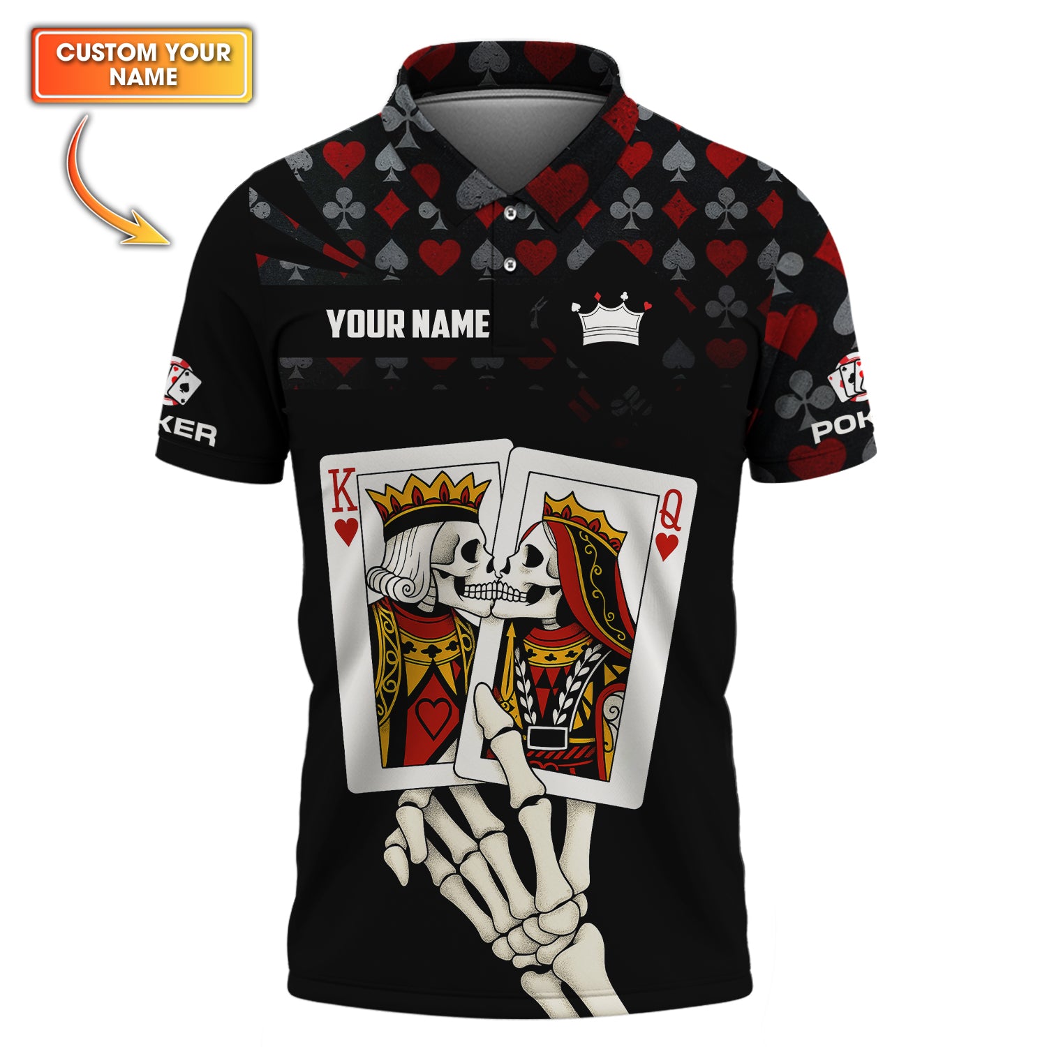 Custom Funny Skeleton Poker Shirt, King & Queen Playing Card Polos, Gifts For Poker Players
