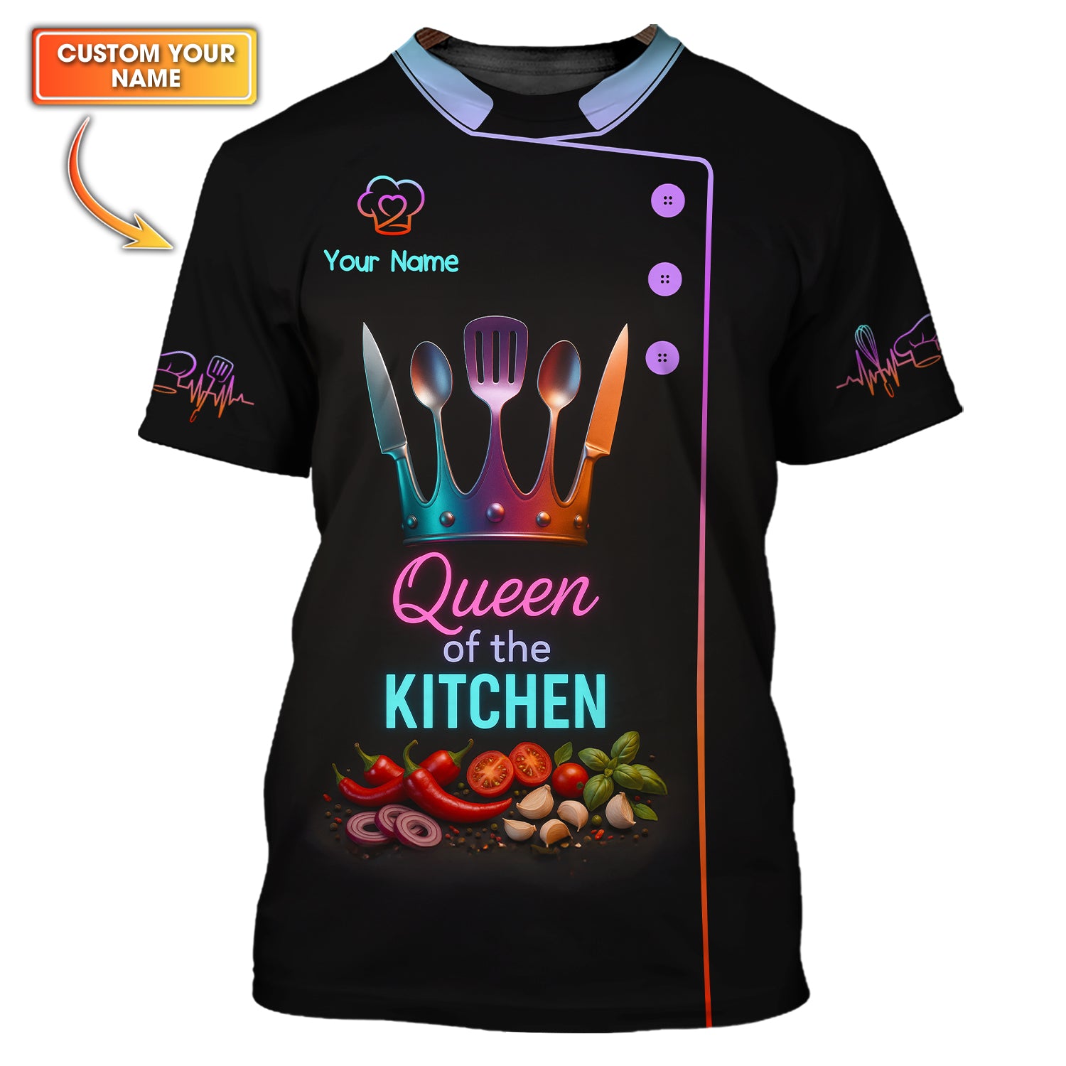 Custom Name Queen of the Kitchen Shirt, Colorful Chef Uniform For Women Cooks
