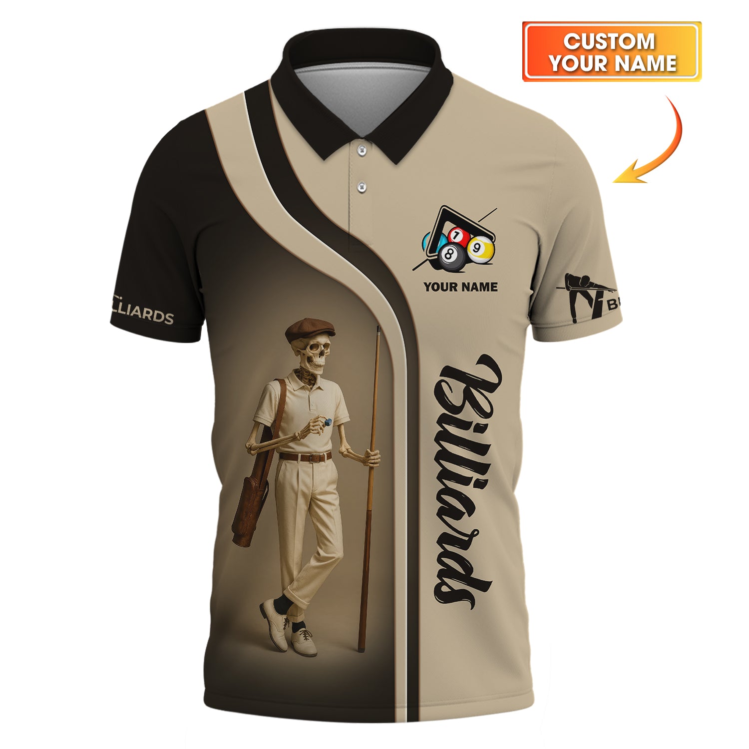 Custom Billiards Shirt Vintage Skeleton Pool Player Tee Beige Brown Pool T-Shirt