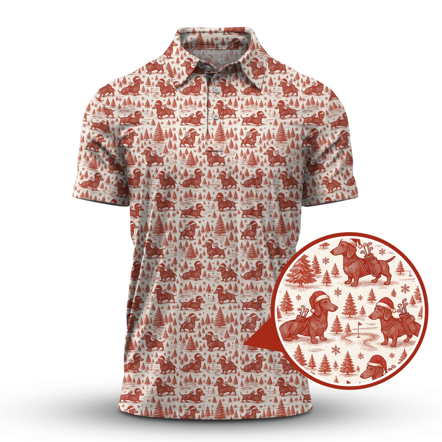 Christmas Golf Shirt, Dachshund Golf Shirt For Men, Pattern Golf Shirt, Toile De Jouy Shirt For Golfer