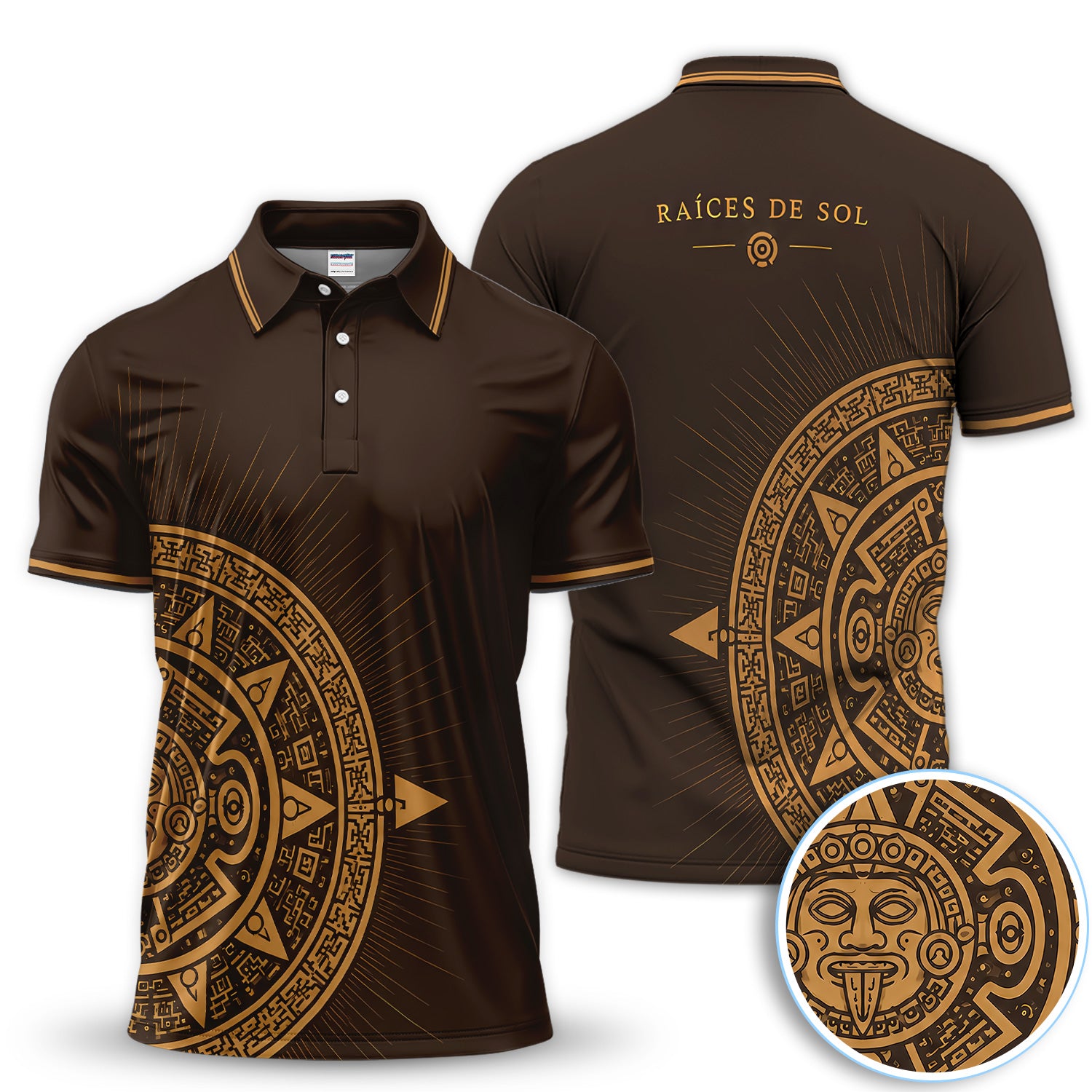 Raíces de Sol Aztec Calendar Polo Shirt for Men – Mexican Heritage Brown Gold Polo