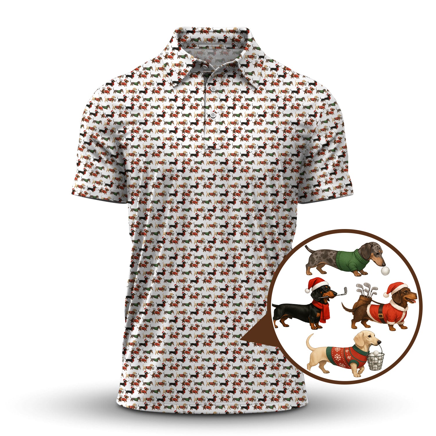 Dachshund Christmas Shirt For Golfer, Dog Pattern Golf Shirt, Funny Golf Shirt For Men