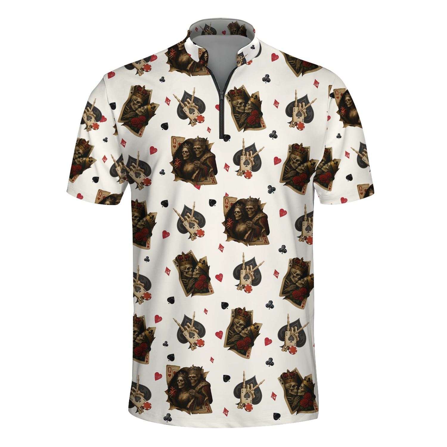Funny Poker Playing Card Shirts For Men, Skull King & Card Suits Pattern Polos, Funny Poker Shirt