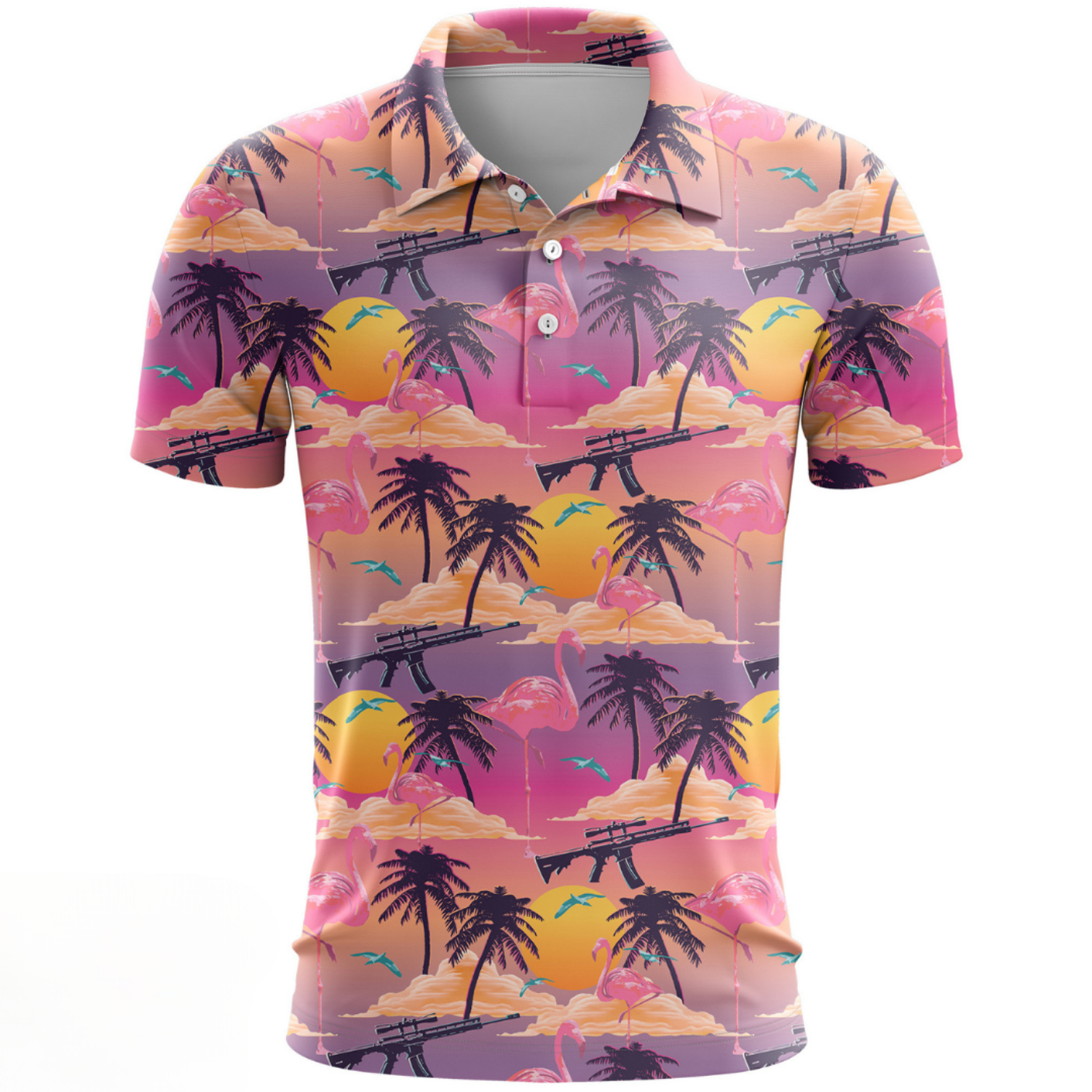 Flamingo Sunset Golf Polo Shirt, 4th Of July Mens Golf Gift