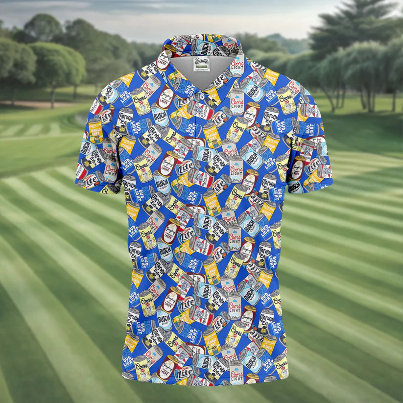 Colorful American Beer Can Print Golf Polo Shirt, Funny Beer Lover Golf Shirt for Men, Perfect Gift for Golfer