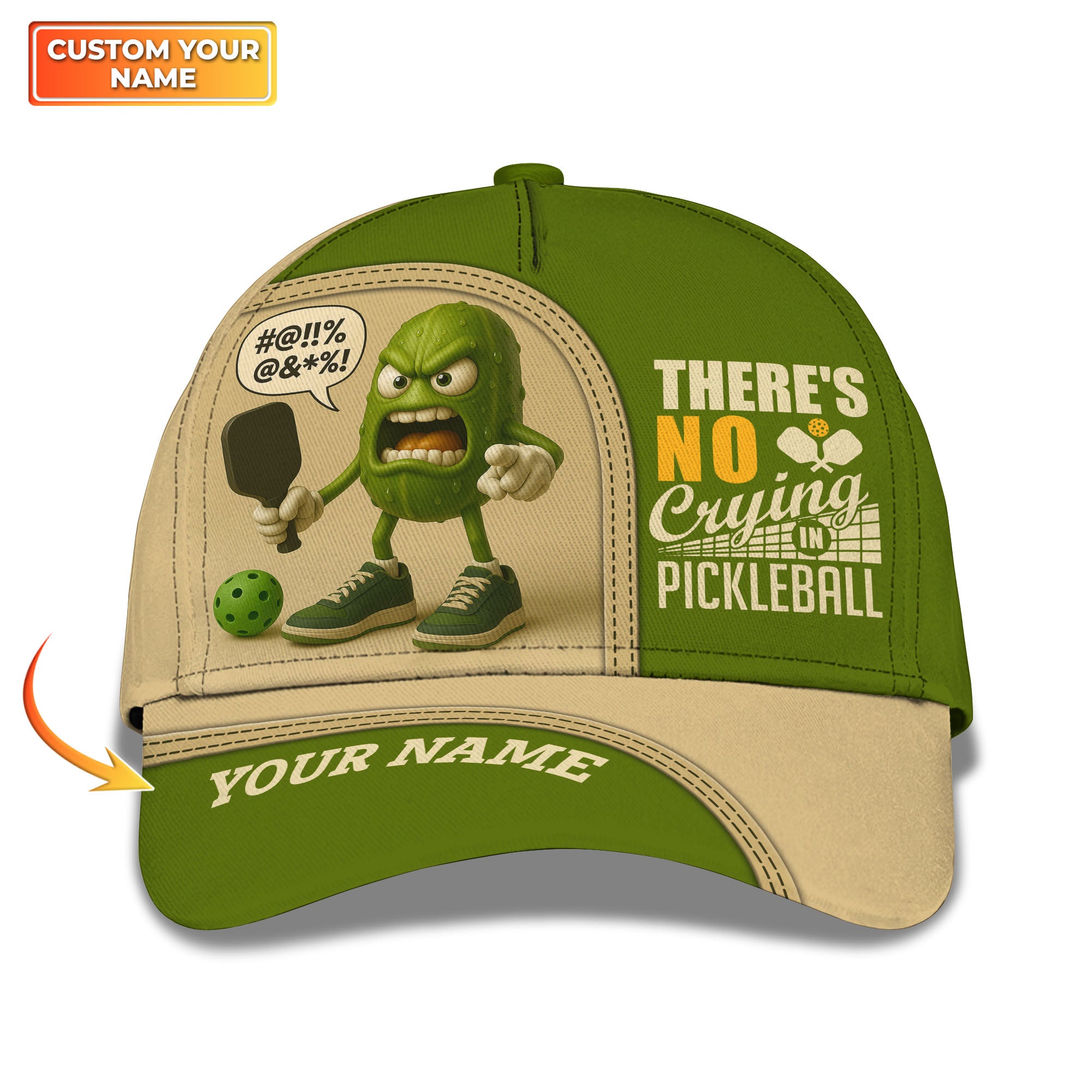 There’s No Crying in Pickleball Hat, Angry Pickleball Character Cap With Custom Name, Funny Pickleball Player Gift