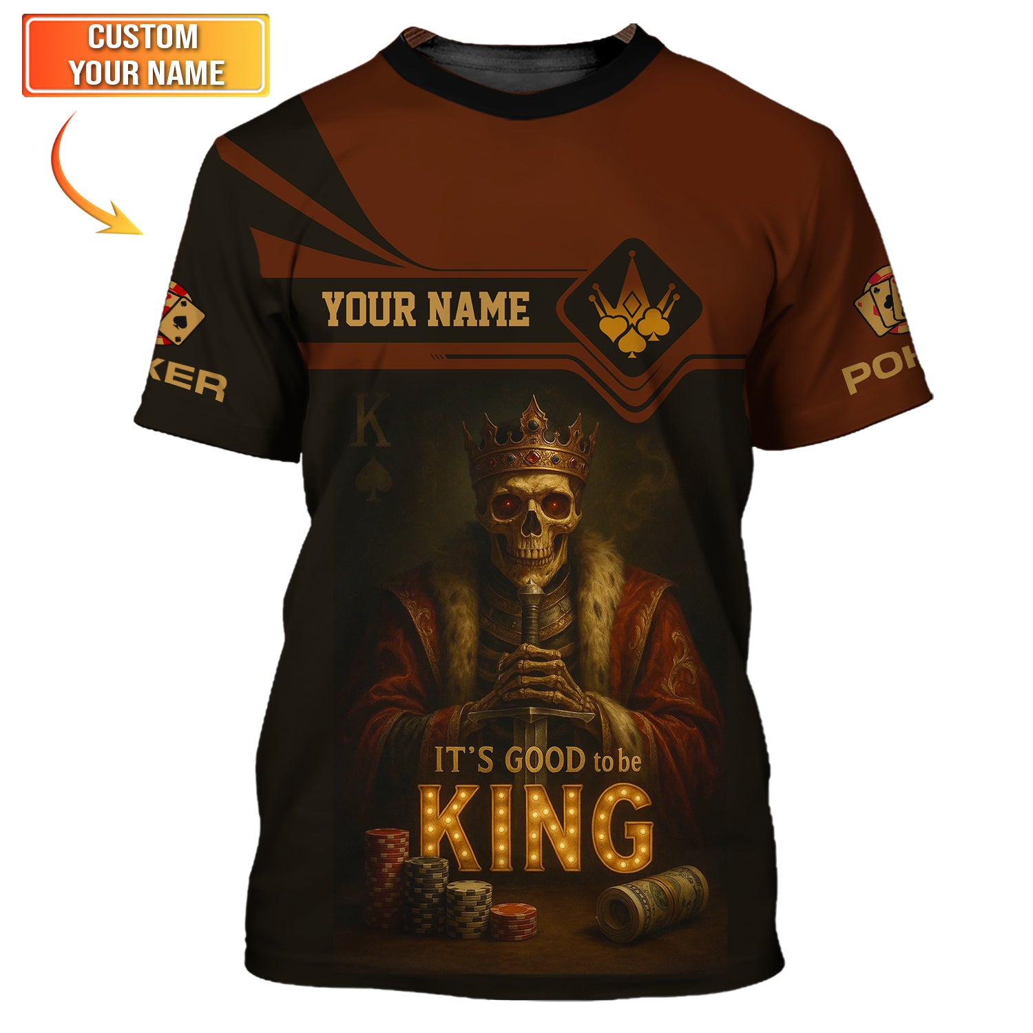 Custom Poker Shirt Skeleton King Design, It's Good to Be King Brown Black Tee Poker T Shirt for Poker Players