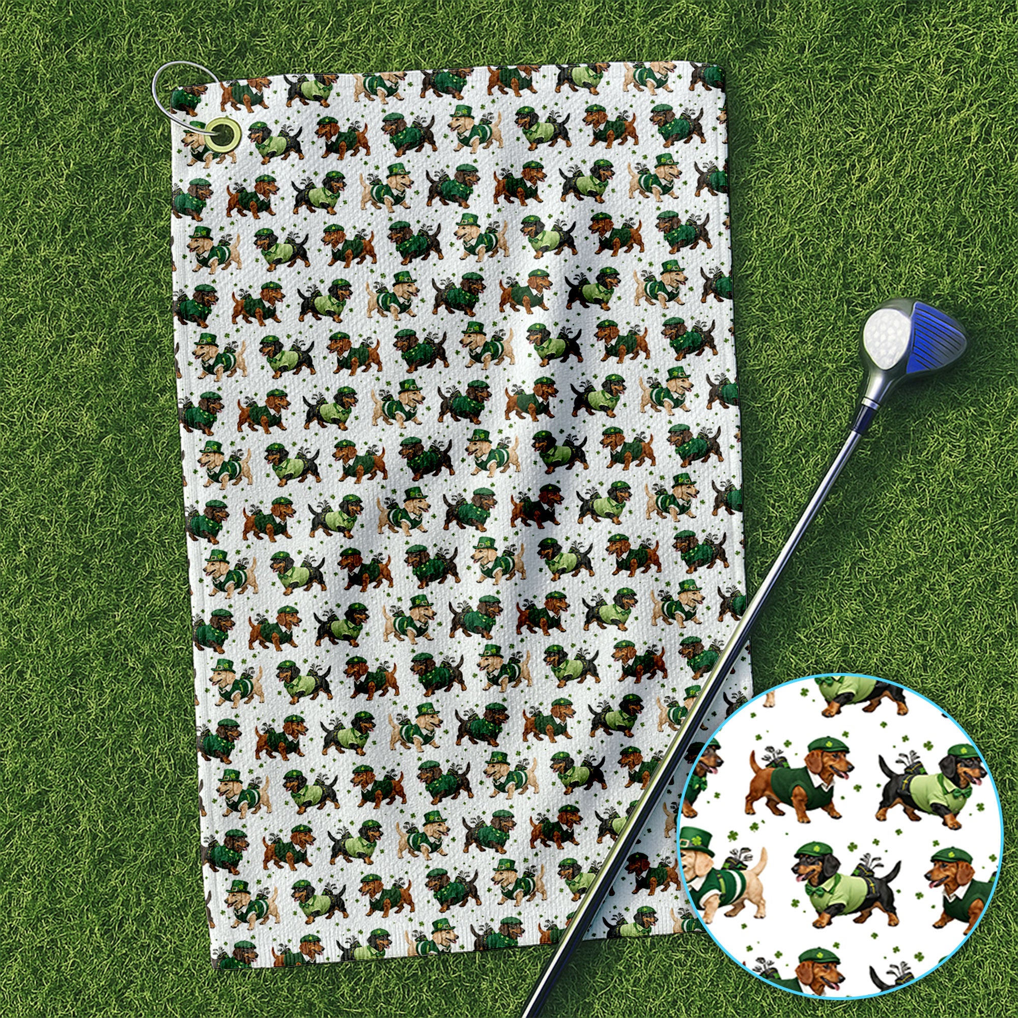 Dog St. Patrick’s Day Pattern Golf Towel, Dachshund Golf Towles For Men, Funny Golf Gift For Golfer