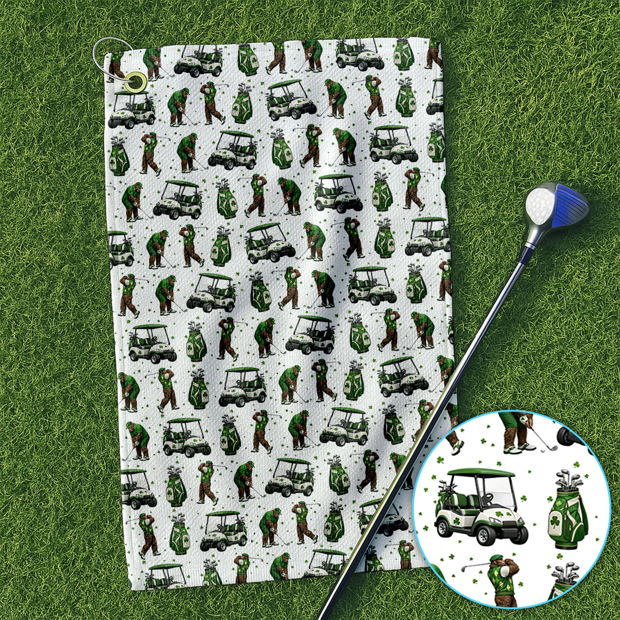 Bigfoot Golf St. Patrick’s Day Pattern Golf Towel, Sasquatch Golf Towels For Golfer, Crazy Men's Golf Gift