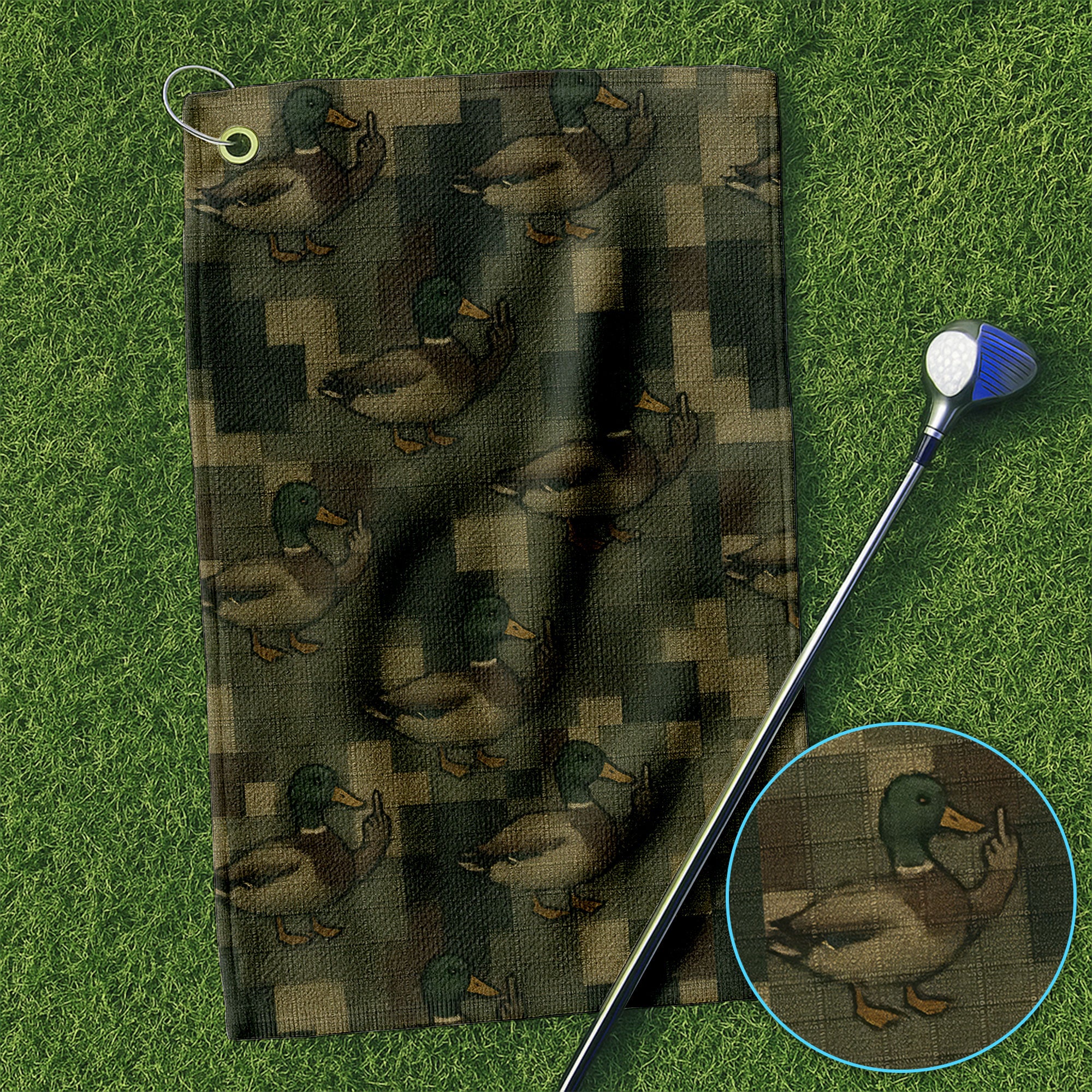 Mallard Duck Green Geometric Camouflage Golf Towel, Funny Golf Towels, Golf Gift For Men