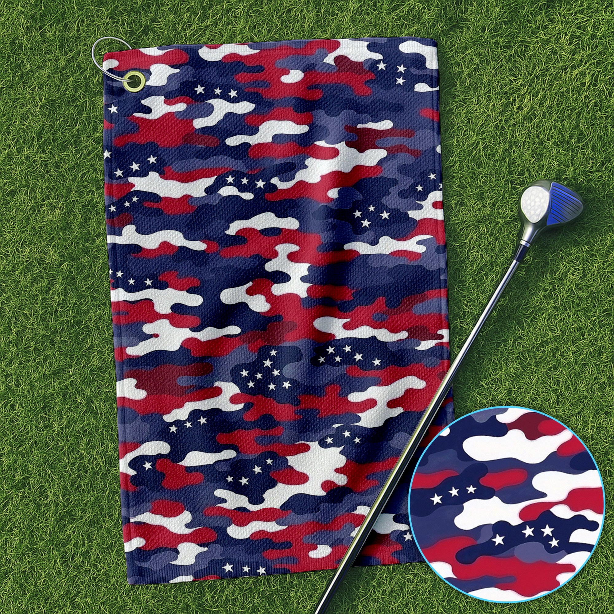 Red White Blue Camo Patriotic Seamless Patterns Golf Towel, Funny Golf Towels, Golf Gift For Men