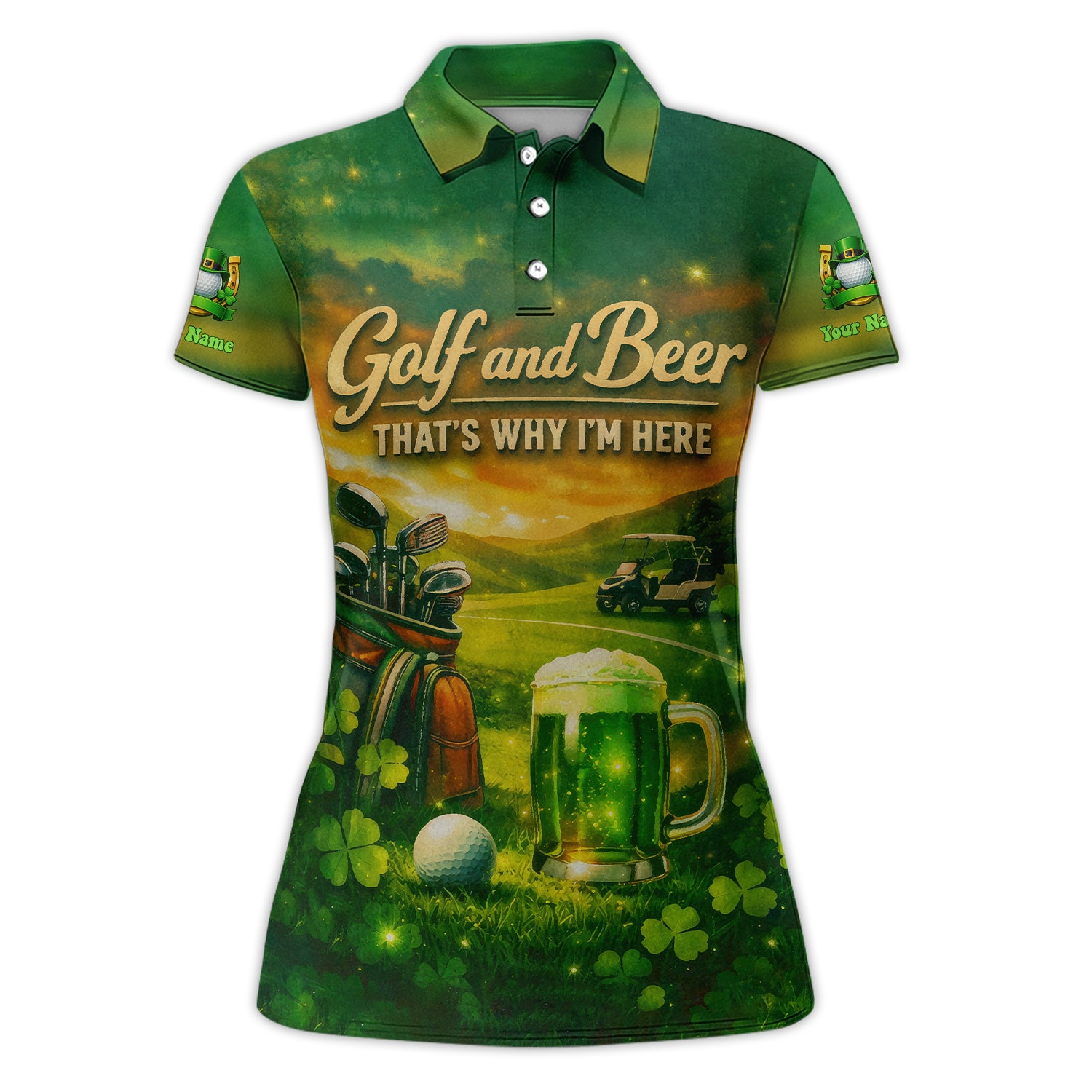 Personalized St Patrick Green Shamrock Beer Golf Shirt, Lucky Clover Golf Bag Pattern Beer Polos, Custom Golf Gift For Women