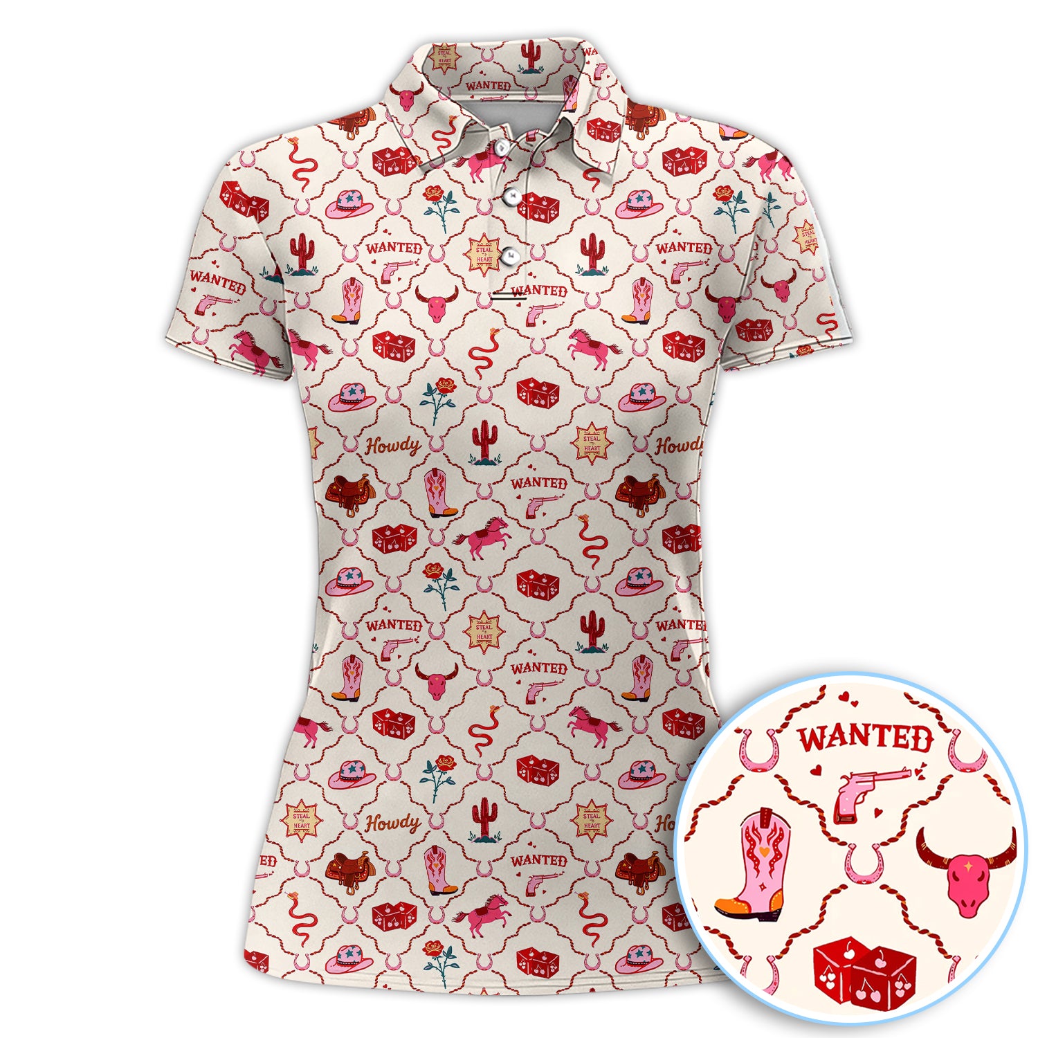 Western Cowboy Pattern Polo Shirt, Cute Western Print Golf Shirt For Women, Golf Gift For Golfer