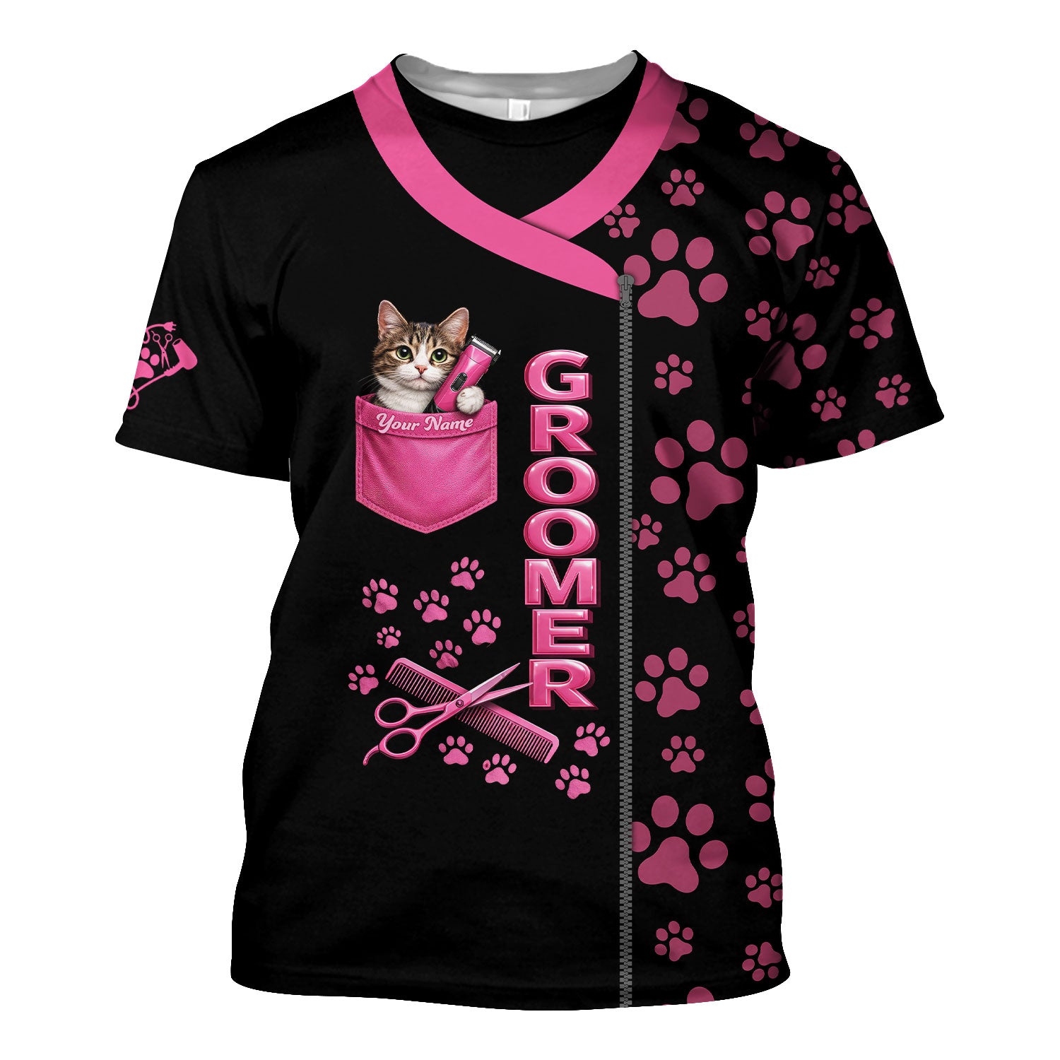 Personalized Cat Grooming Shirts, Cute Pink Black Cat Groomer Uniform, Gift For Cat Lovers