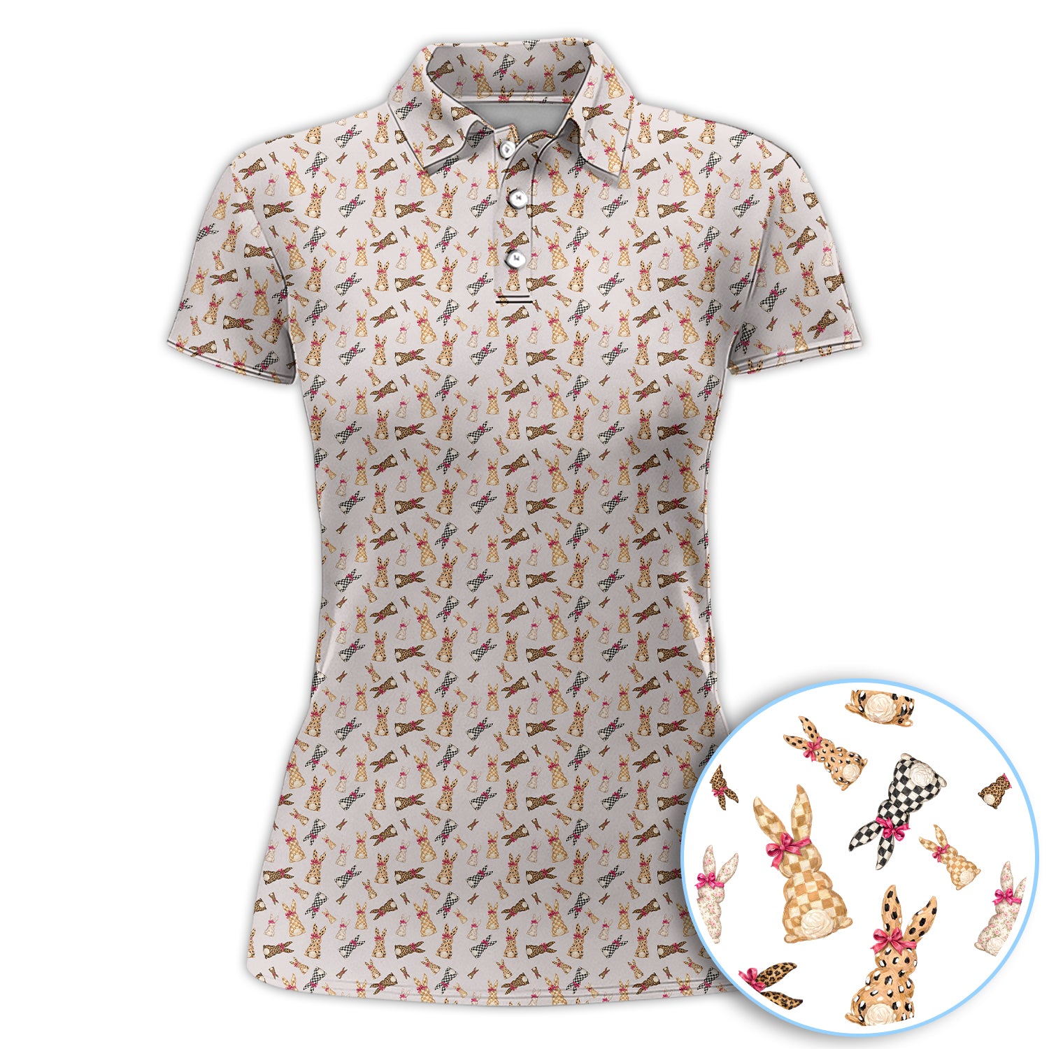 Bunny With Bow Pattern Polo Shirt, Cute Bunny Print Golf Shirt For Women, Golf Gift For Golfer