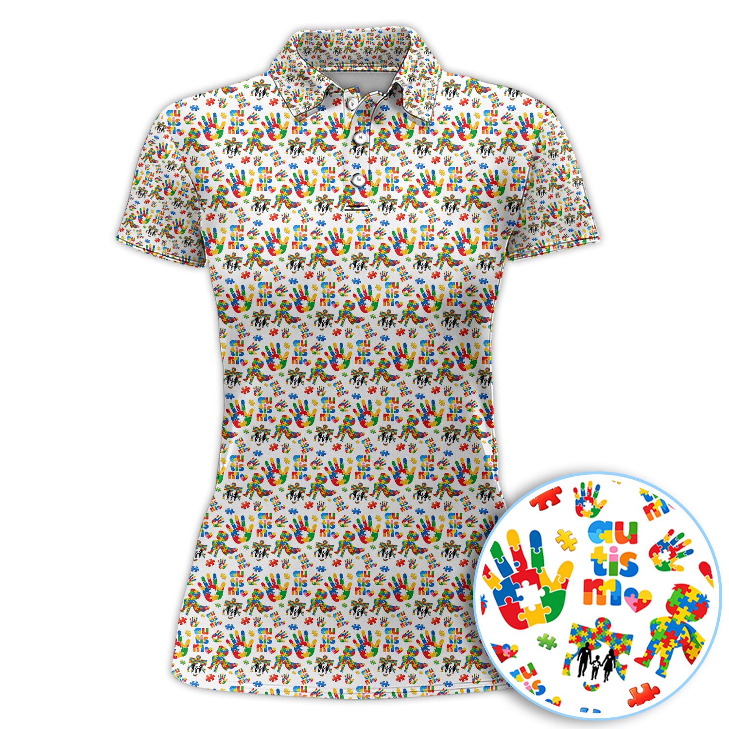 Autism Awareness Puzzle Pattern Golf Shirt For Women, Rainbow Hand Symbol Golf Polos, Golf Gift For Golfer