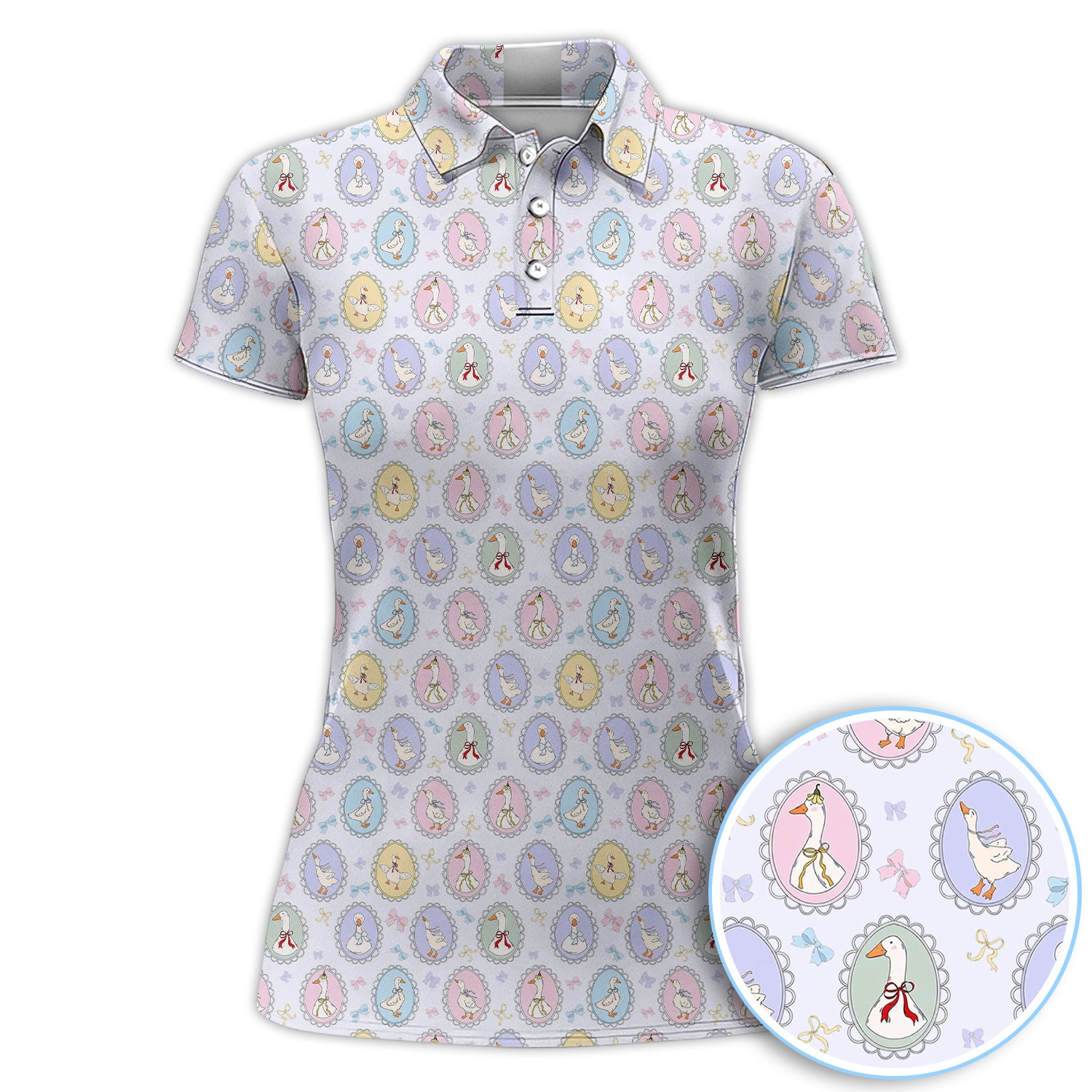 Vintage Goose Cameo Pattern Women Polo Shirt, Pastel Duck Ribbon Pattern Shirt, Gift For Golfer
