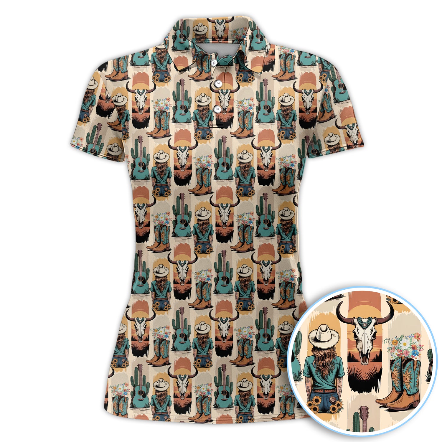 Western Boho Cowgirl Longhorn Cactus Pattern Shirt, Cowgirl Western Style Shirt For Women, Pattern Golf SHirt