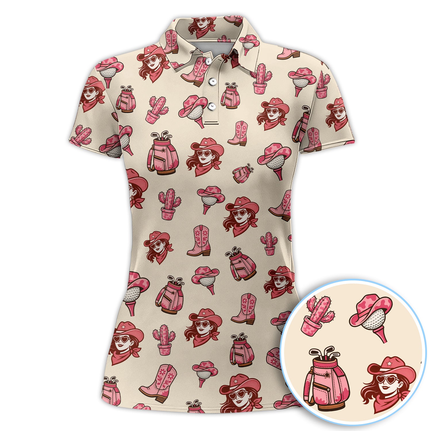 Pink Cowgirl Western Golf Shirt, Boho Cowgirl Hat Boots Cactus Pattern Shirt For Women, Golf Gift For Golfer