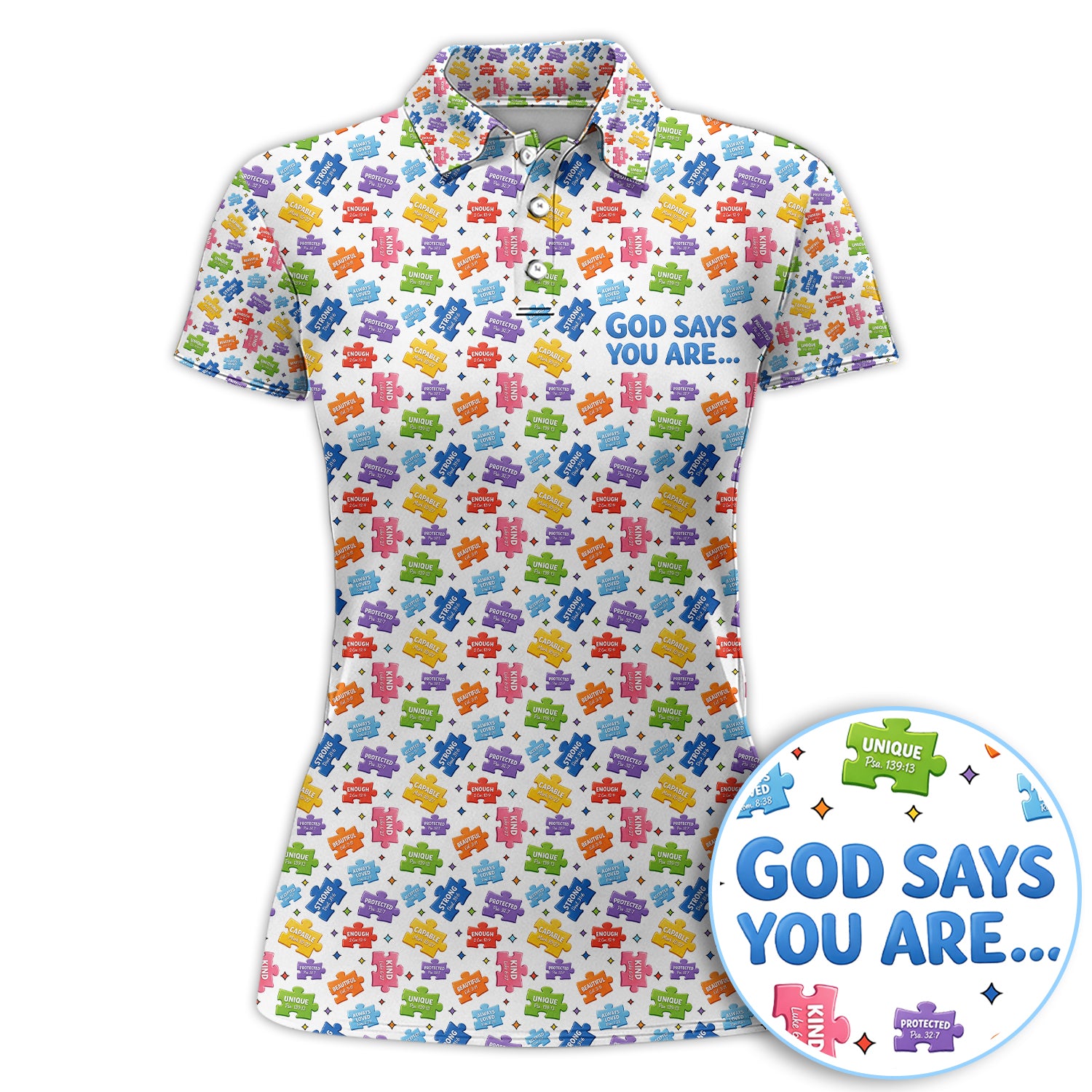 Inspirational God Says You Are Golf Shirt, Colorful Puzzle Scripture Pattern Golf Polos, Golf Gift For Women