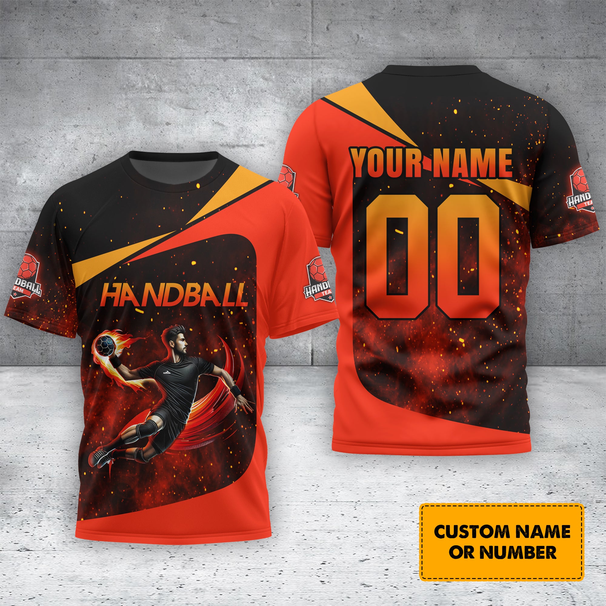 Orange Handball Player Man Fire T-Shirt 3D Design, Handball Polo Shirt, Lightweight Sportswear, Gift For Sports Fan