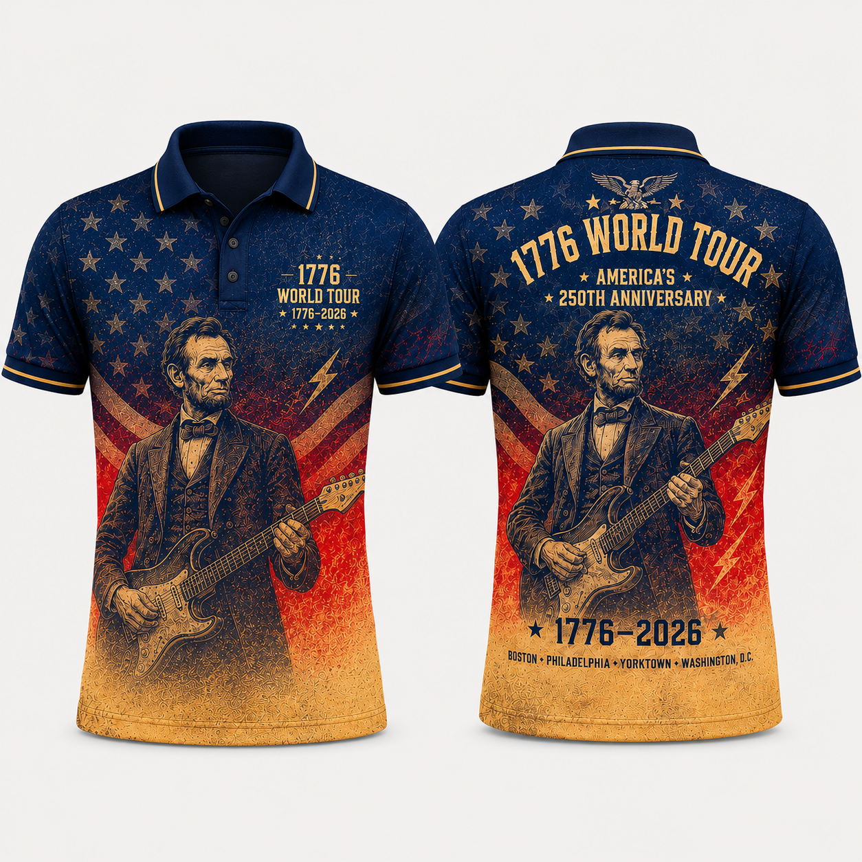 Patriotic 1776 World Tour Polo Shirt for Men – Abraham Lincoln Guitar Graphic USA 250th Anniversary 4th of July Party Polo