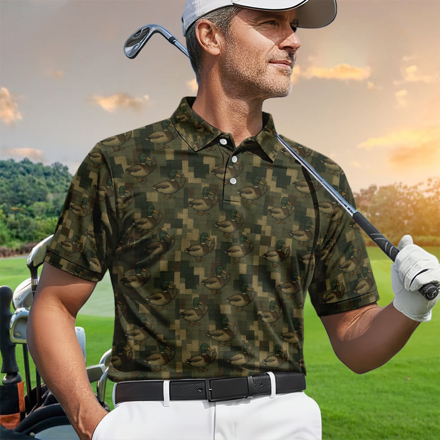 Mallard Duck Camo Polos For Men, Waterfowl Pattern Shirt, Crazy