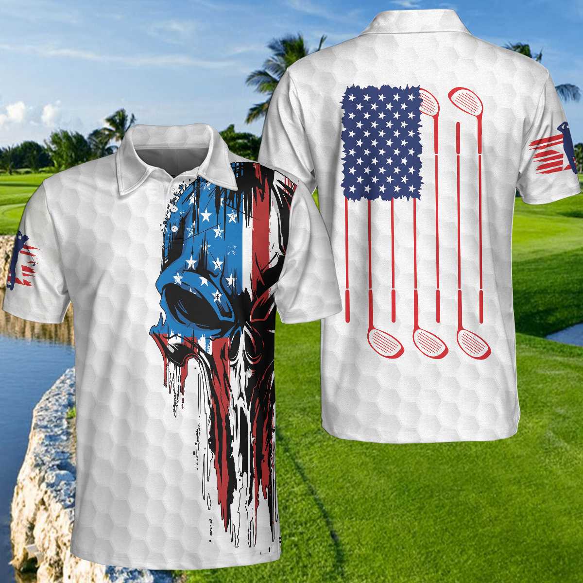 American Flag Skull White Golf Polo, Bold White Patriotic Design for Golfers