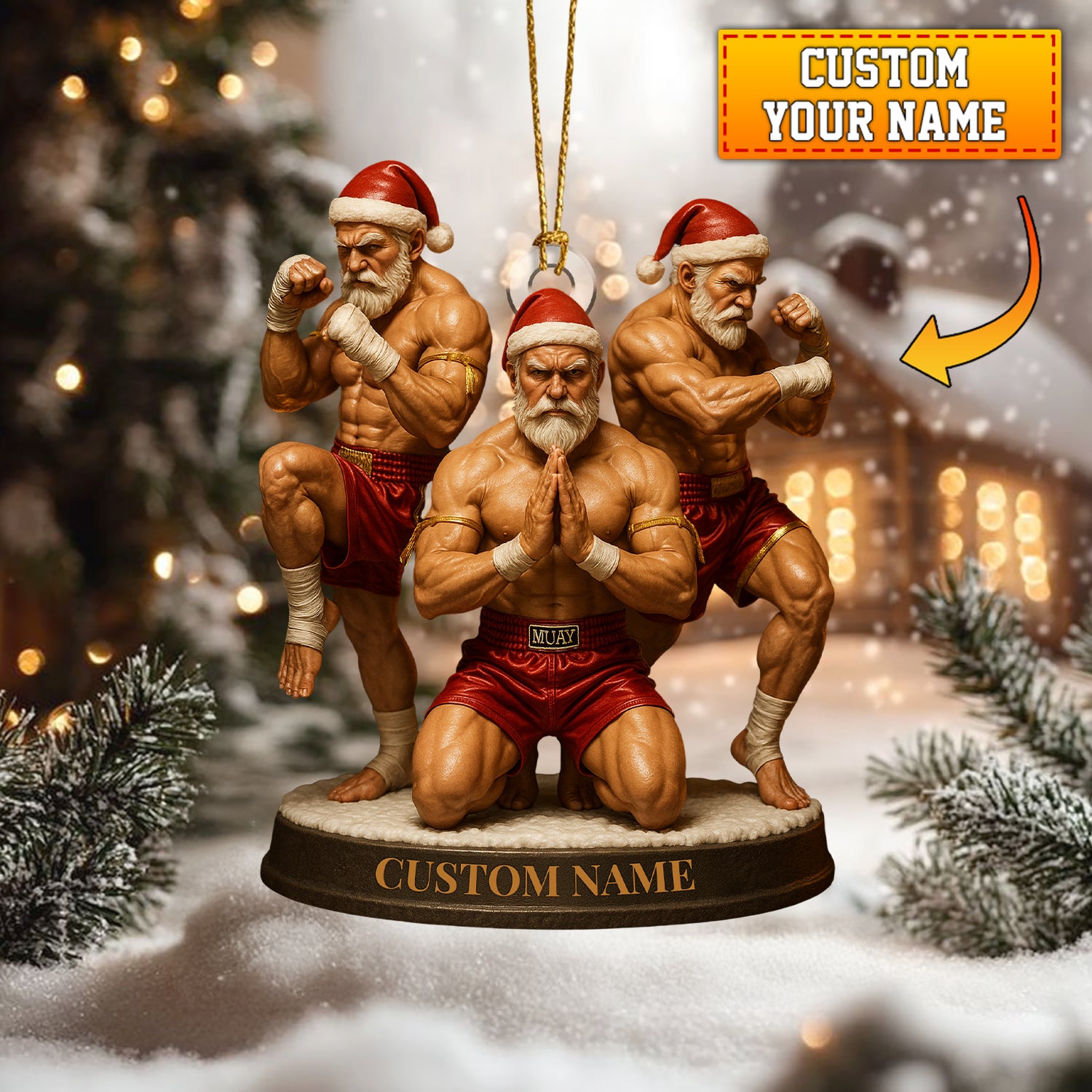 Personalized Muay Thai Santa Christmas Ornament – Custom Name Martial Arts Holiday Decor – Funny Fighting Santa Claus Tree Ornament for Kickboxing & Muay Thai Fans