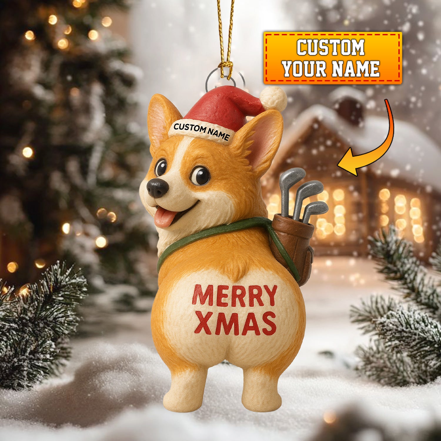 Personalized Corgi Golf Christmas Ornament, Custom Name Dog Ornament, Funny Golfer Corgi Xmas Decor, Gift for Dog & Golf Lovers
