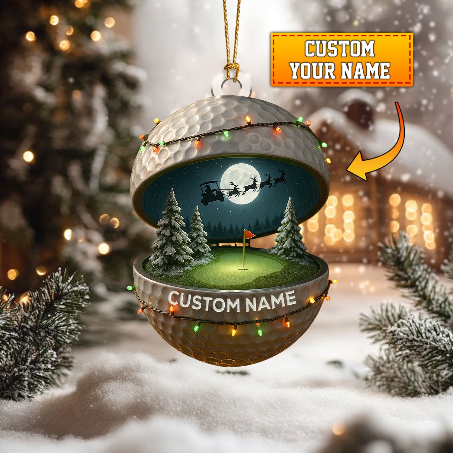 Personalized Golf Christmas Ornament, Custom Name Golf Ball Ornament, Santa Night Golf Scene Holiday Decor, Unique Xmas Gift for Golf Lovers