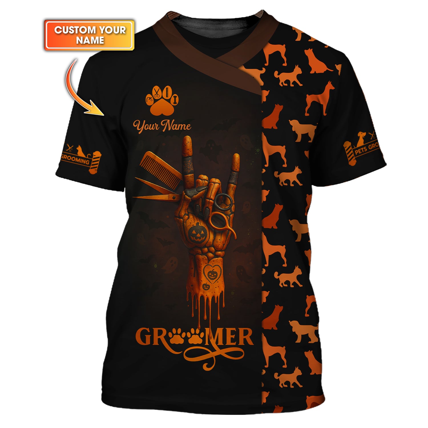 Custom Name Halloween Groomer Shirt, Dog Grooming Uniform with Skeleton Hand and Pet Silhouette Pattern