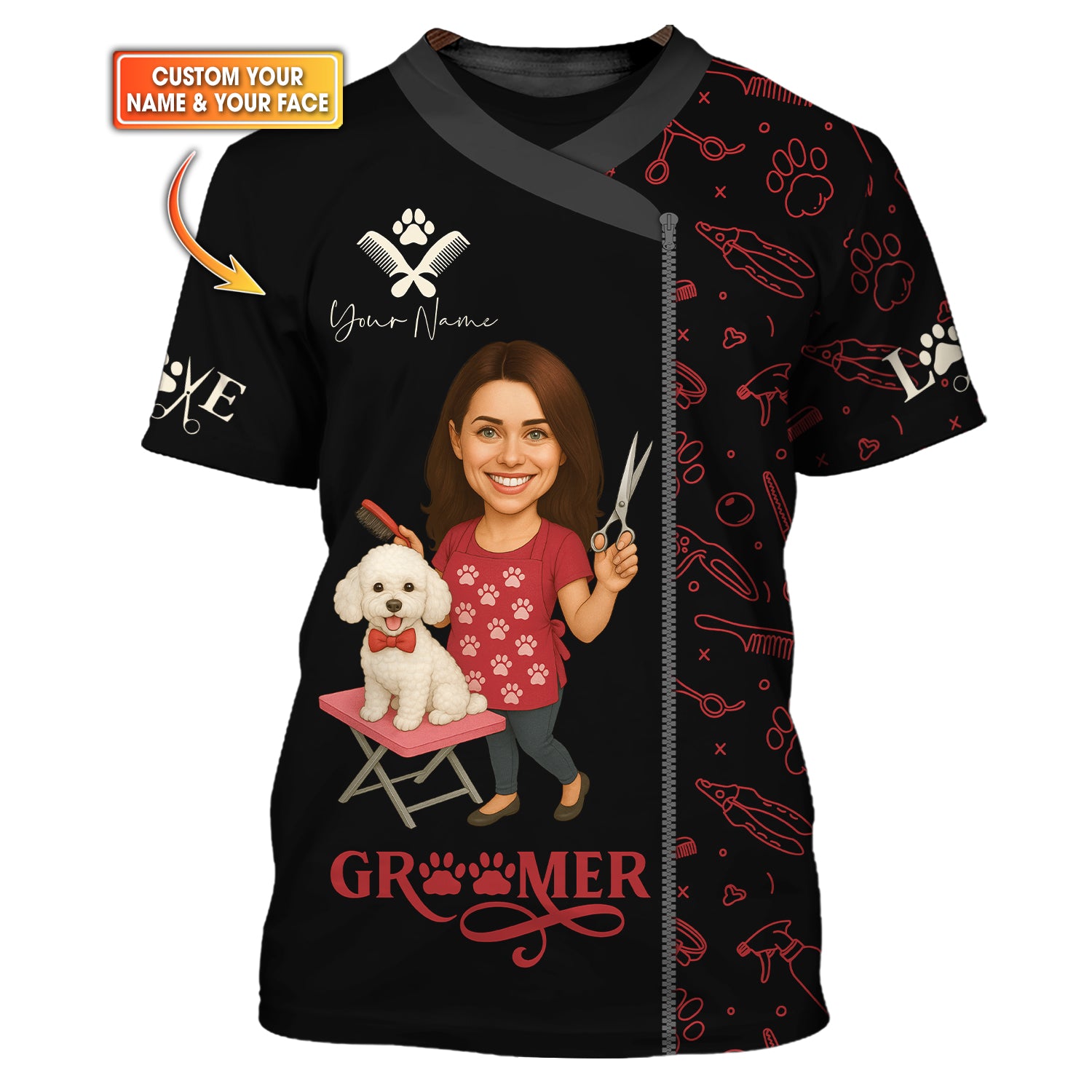 Custom Face Groomer T-Shirt, Dog Grooming Shirts, Groomer Uniform For Pet Lover