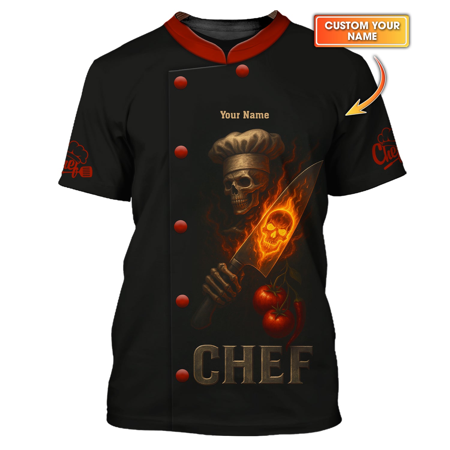 Chef Uniform, Cook Shirts With Custom Name, Skull Chef With Flaming Knife 3D Shirt, Gift For Cooking Lover