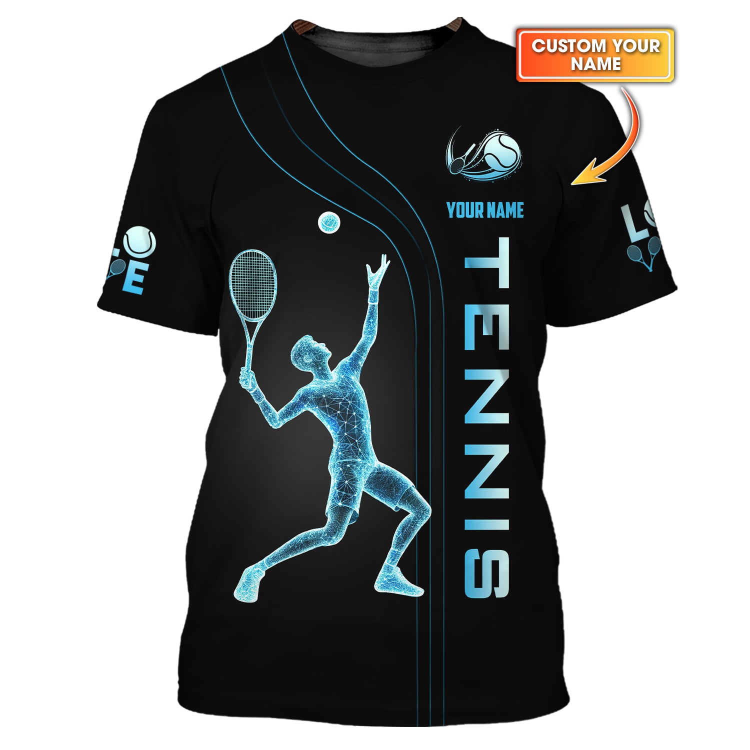 Custom Black & Blue Tennis Shirt – Futuristic Hologram Player Design – Personalized Athletic Tee for Tennis Lovers