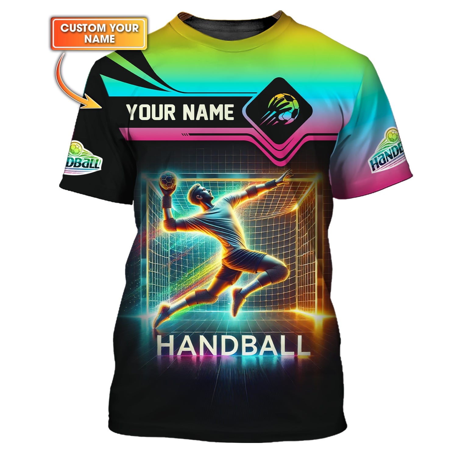 Custom Name Handball Goal Multi Color T-Shirt 3D Design, Handball Shirt, Lightweight Sportswear, Gift For Sports Fan