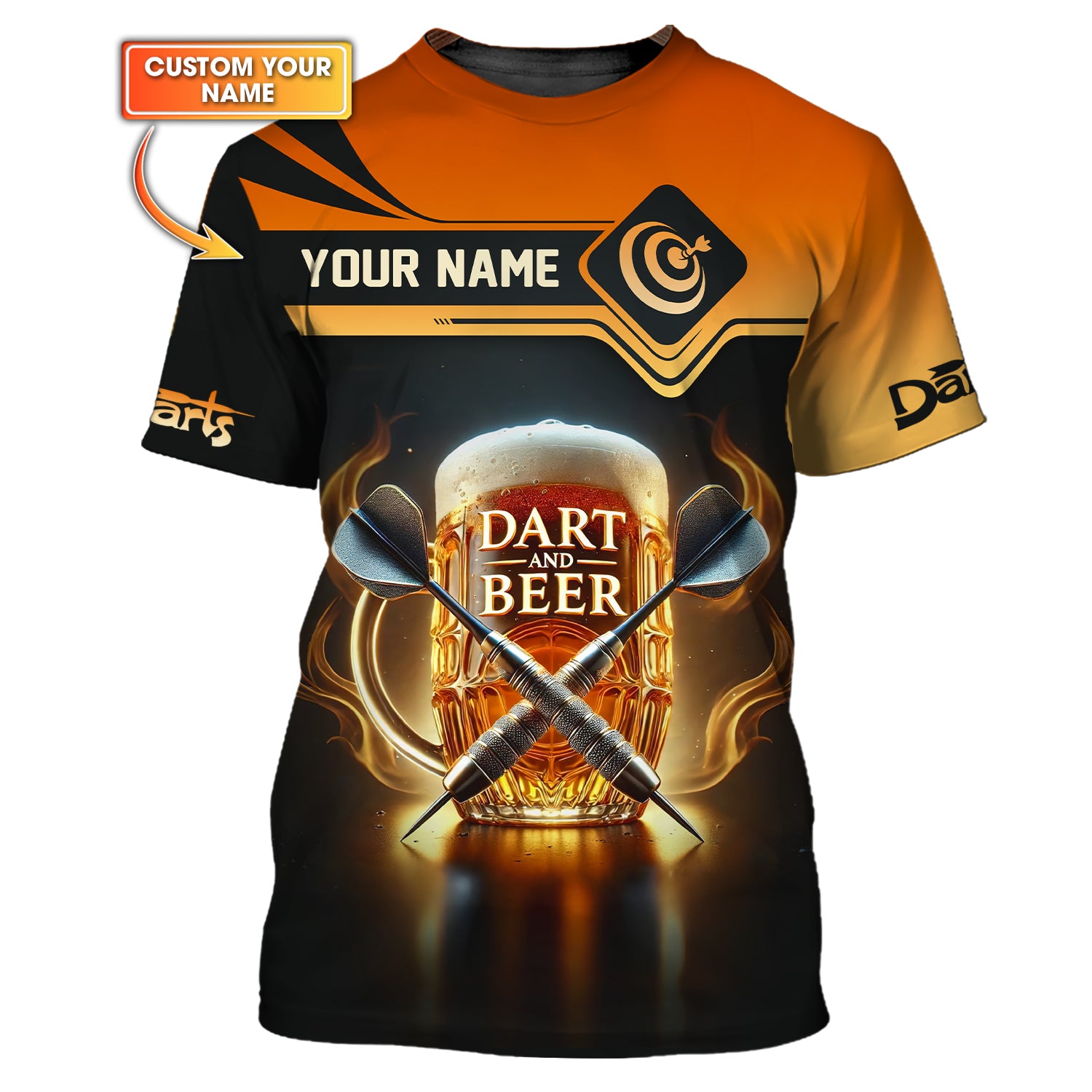 Dart and Beer Flames Custom Name T-Shirts, Personalized Darts Shirts, Gift For Darts Lovers