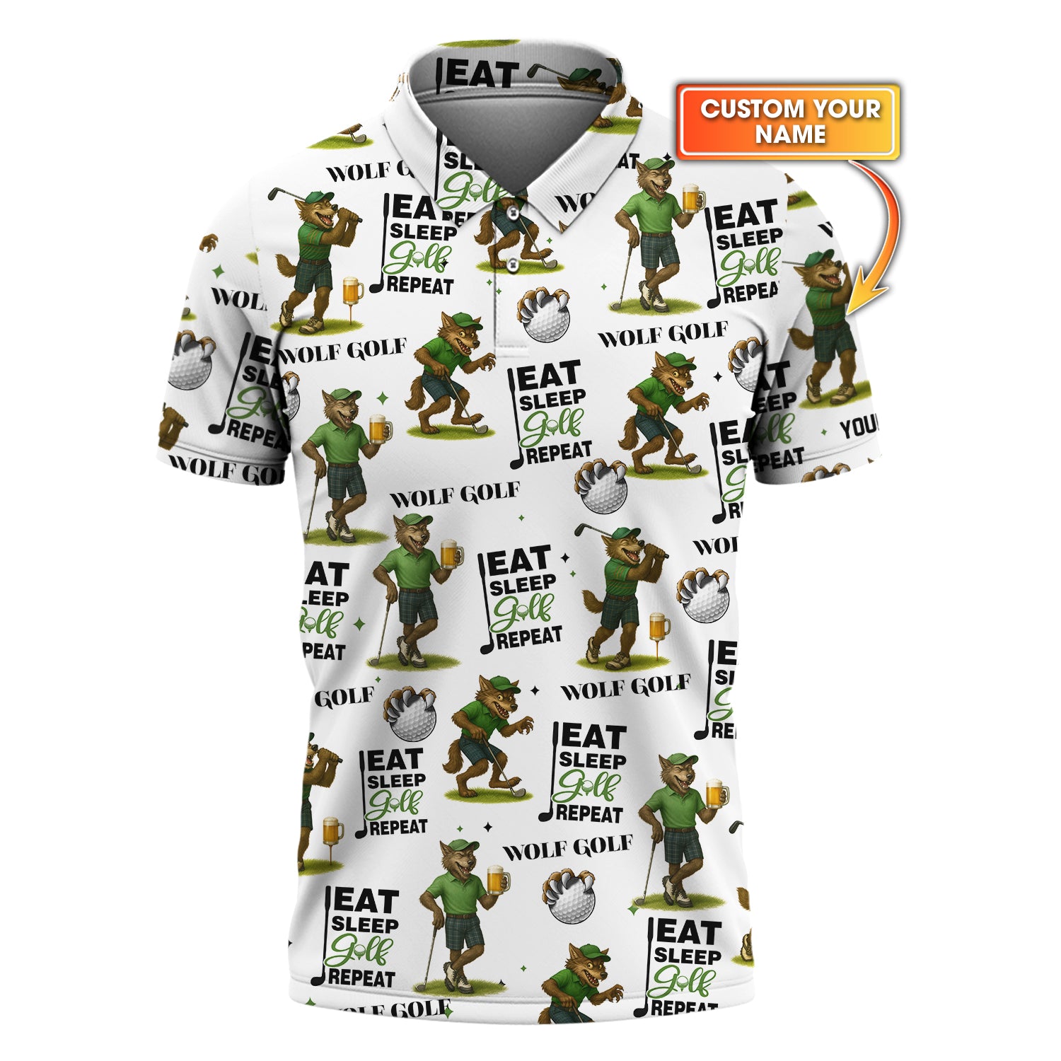 Eat Sleep Golf Repeat Wolf Golf Shirt – Customizable Golf Tee  – Funny Golf & Beer Polo Shirt for Golfers