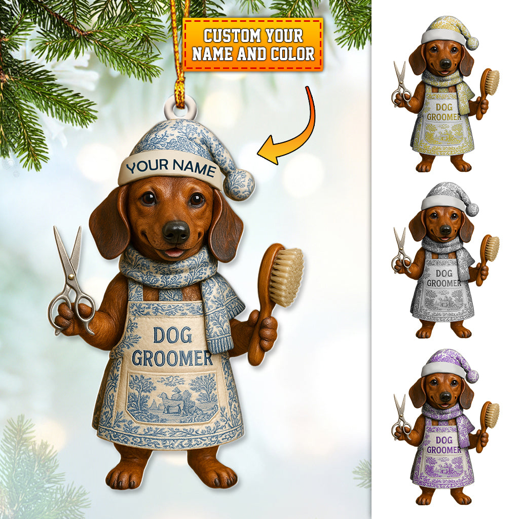 Personalized Dog Groomer Christmas Ornament – Custom Name Dachshund Holiday Decor – Toile De Jouy Pet Grooming Gift for Dog Lovers