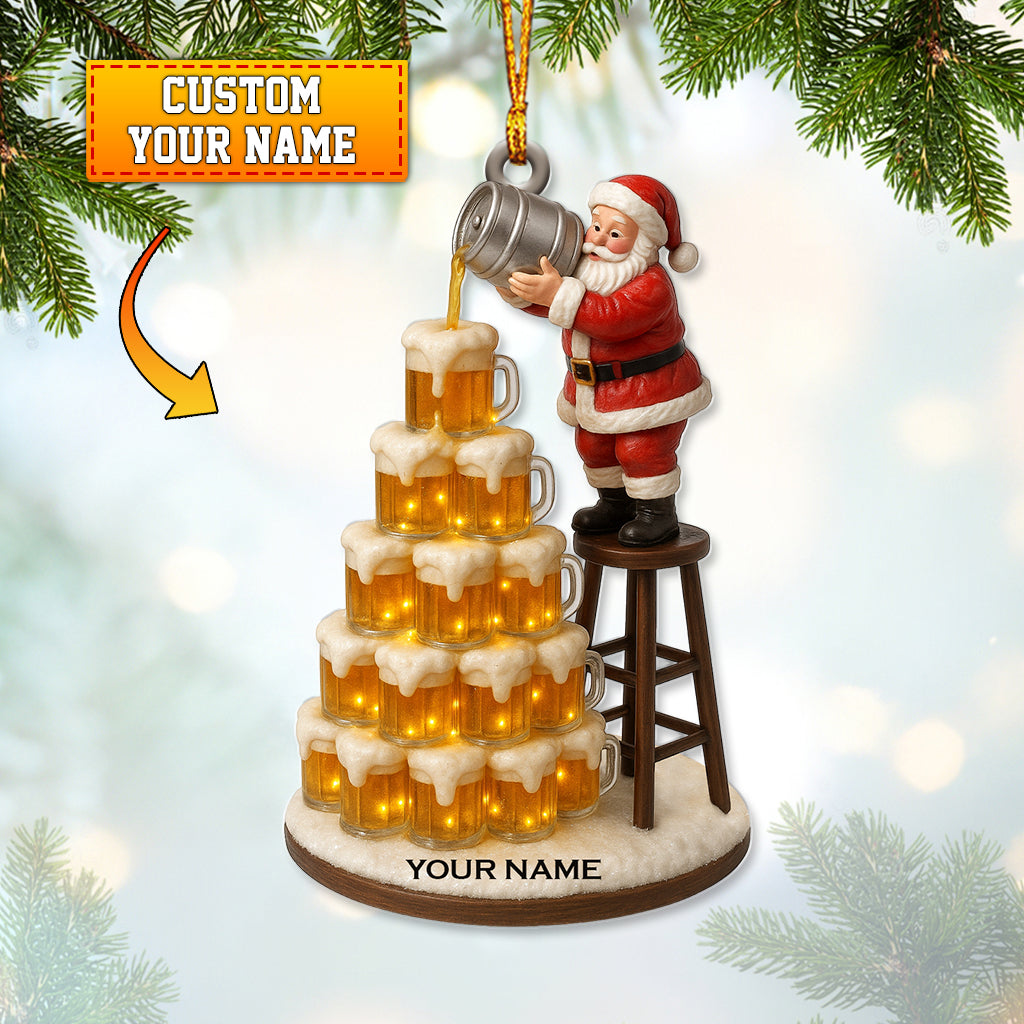 Personalized Santa Beer Tower Christmas Ornament – Custom Name Holiday Bar Decor – Funny Drinking Xmas Gift for Beer Lovers
