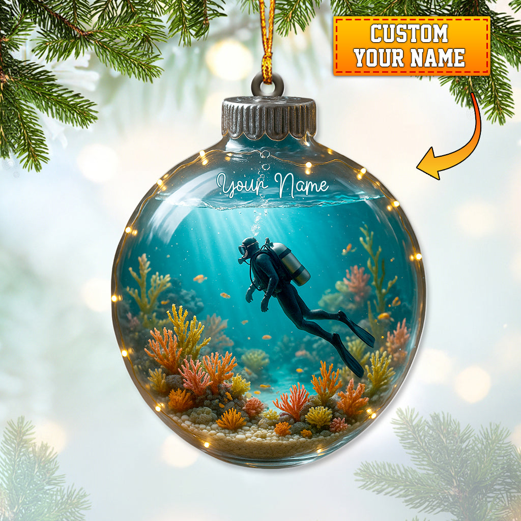 Personalized Scuba Diver Christmas Ornament – Custom Name Ocean Diving Holiday Decor, Underwater Coral Reef Xmas Gift for Divers